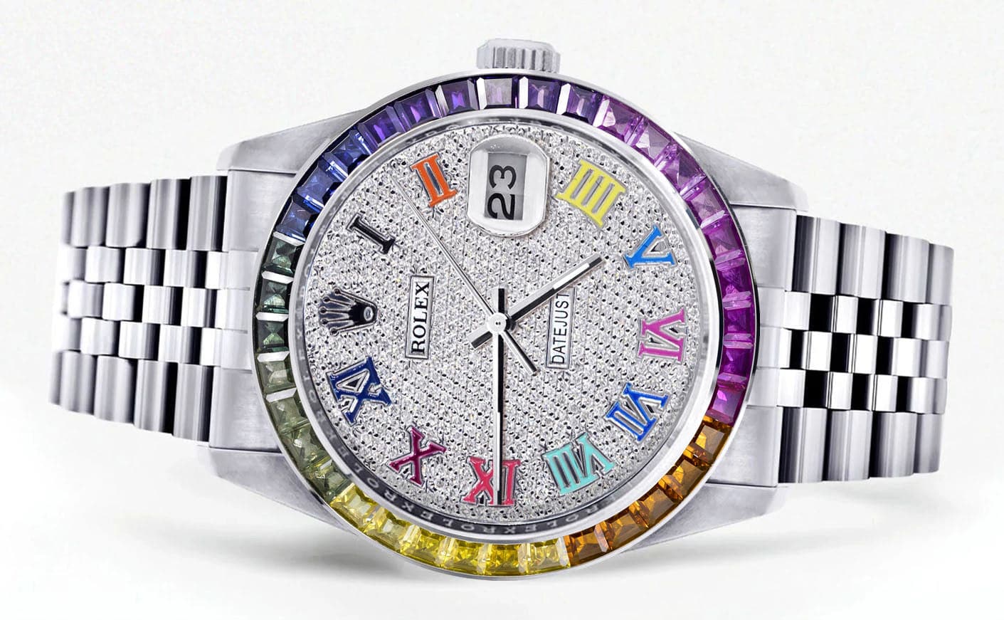 Diamond Gold Rolex Watch For Men 16200 | 36Mm | Rainbow Sapphire Bezel | Rainbow Roman Numeral Dial | Jubilee Band - Image 2