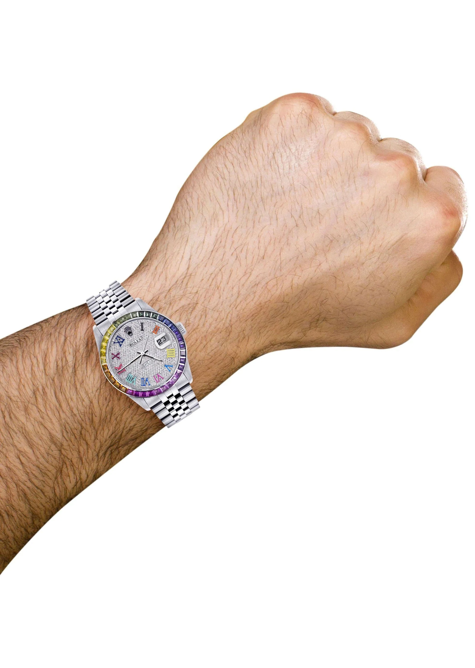Diamond Gold Rolex Watch For Men 16200 | 36Mm | Rainbow Sapphire Bezel | Rainbow Roman Numeral Dial | Jubilee Band - Image 3