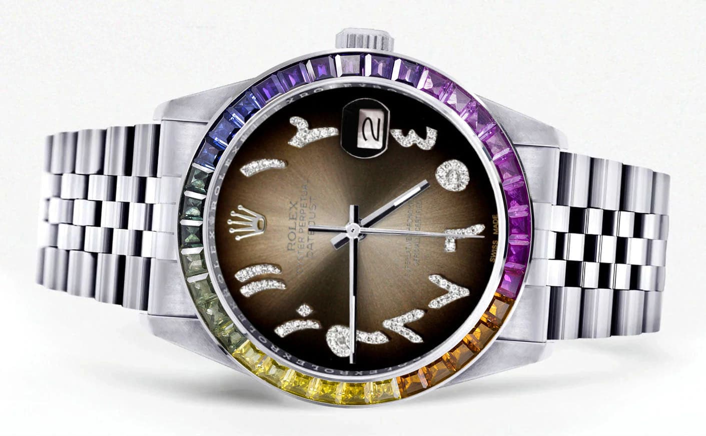 Diamond Gold Rolex Watch For Men 16200 | 36Mm | Rainbow Sapphire Bezel | Brown Arabic Numeral Dial | Jubilee Band - Image 2