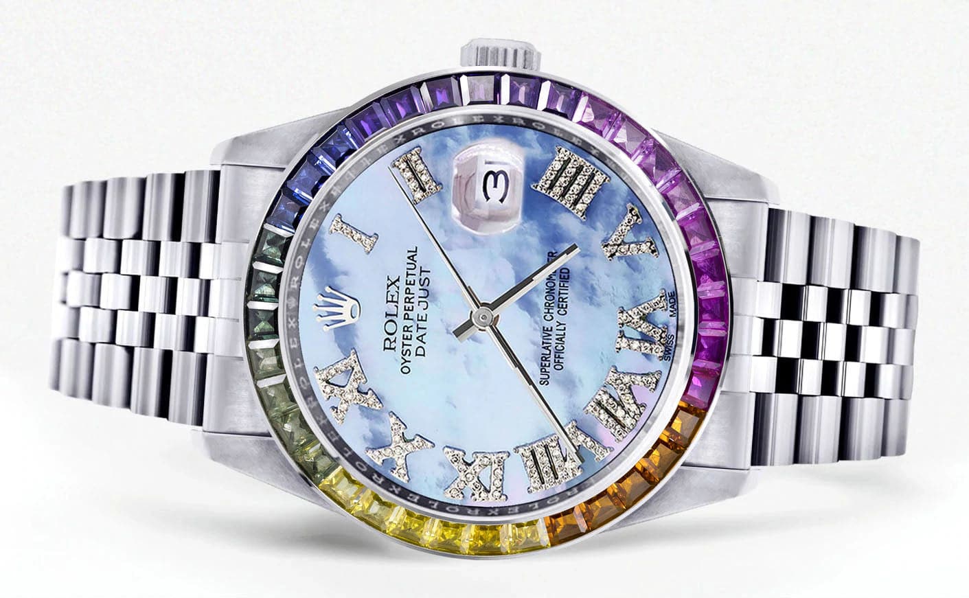 Diamond Gold Rolex Watch For Men 16200 | 36Mm | Rainbow Sapphire Bezel | Mother Of Pearl Roman Numeral Dial | Jubilee Band - Image 2