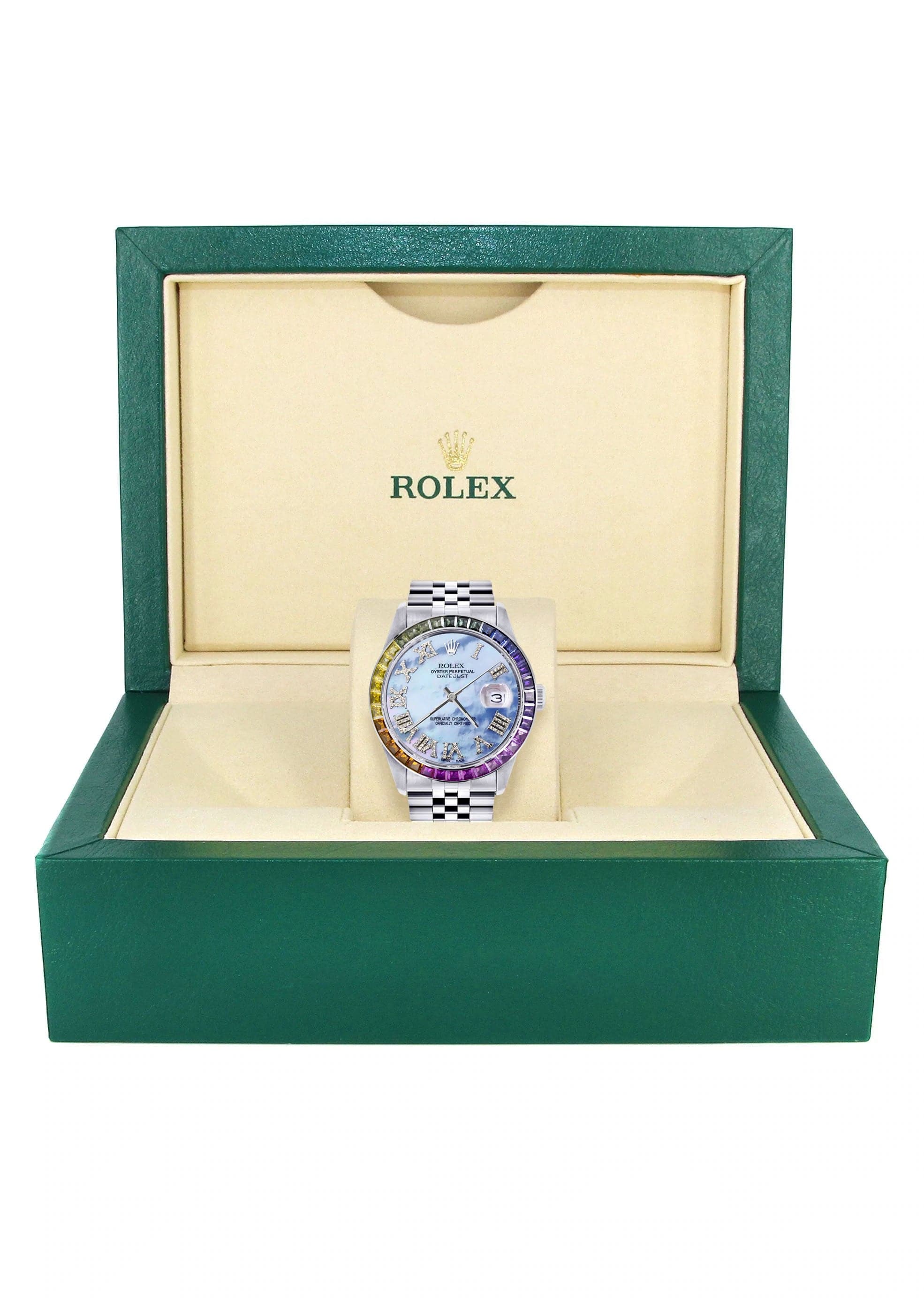 Diamond Gold Rolex Watch For Men 16200 | 36Mm | Rainbow Sapphire Bezel | Mother Of Pearl Roman Numeral Dial | Jubilee Band - Image 4