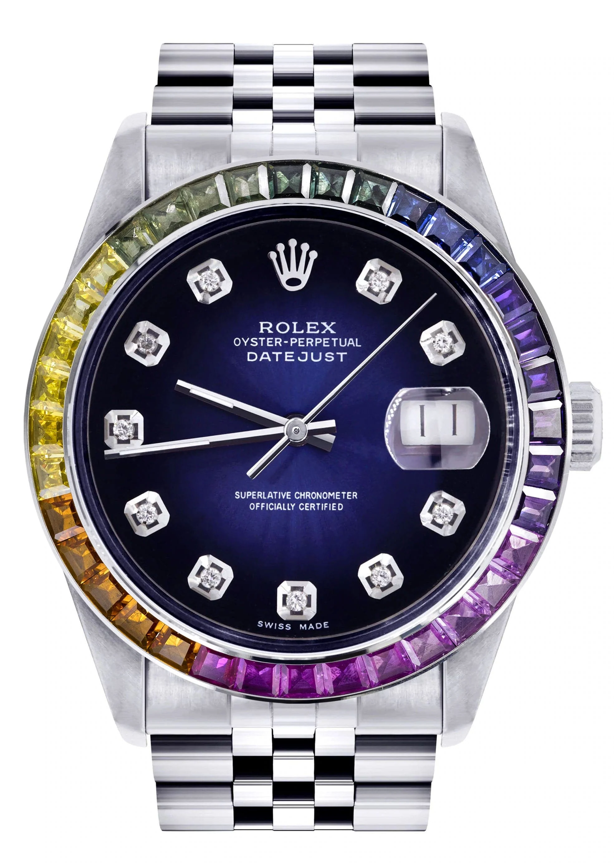 Diamond Gold Rolex Watch For Men 16200 | 36Mm | Rainbow Sapphire Bezel | Blue Black Dial | Jubilee Band
