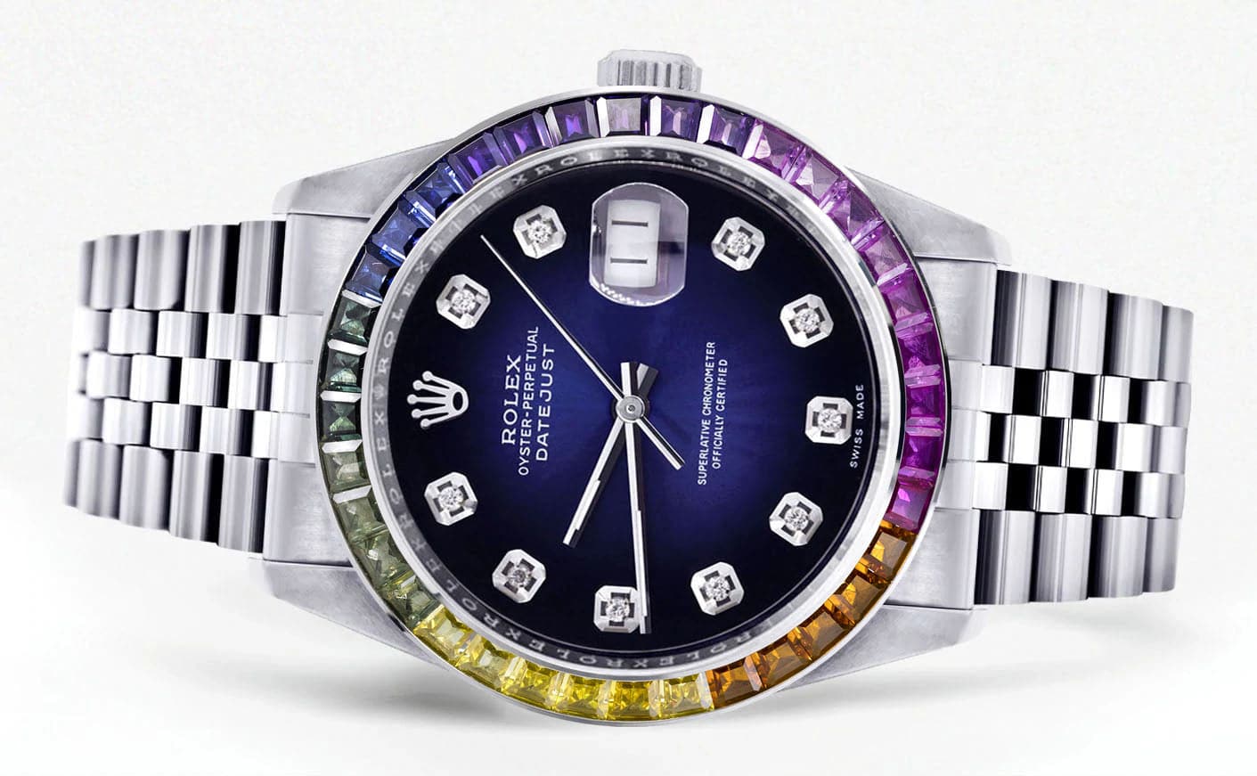 Diamond Gold Rolex Watch For Men 16200 | 36Mm | Rainbow Sapphire Bezel | Blue Black Dial | Jubilee Band - Image 2