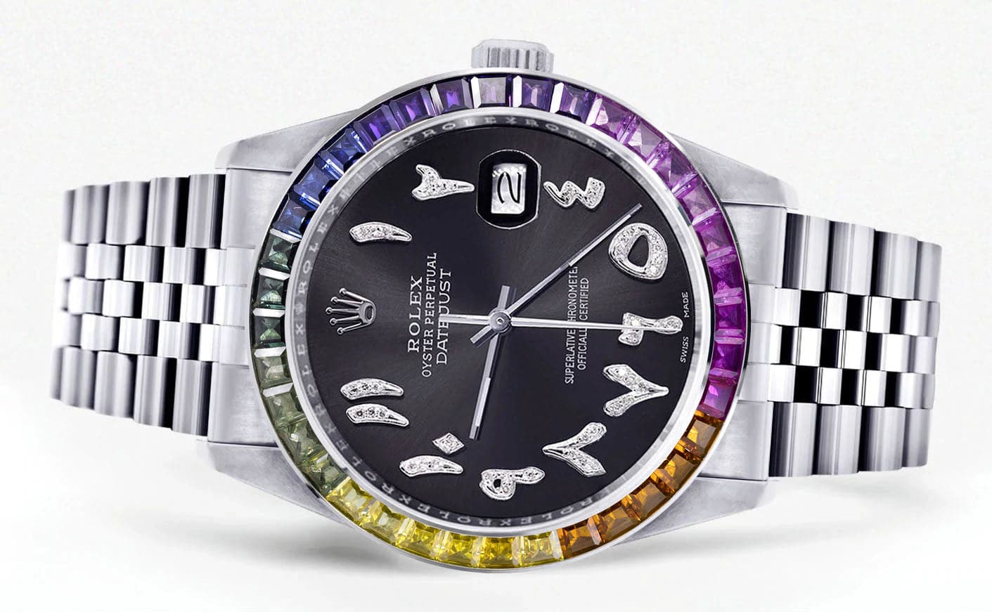 Diamond Gold Rolex Watch For Men 16200 | 36Mm | Rainbow Sapphire Bezel | Black Graphite Arabic Numeral Dial | Jubilee Band - Image 2