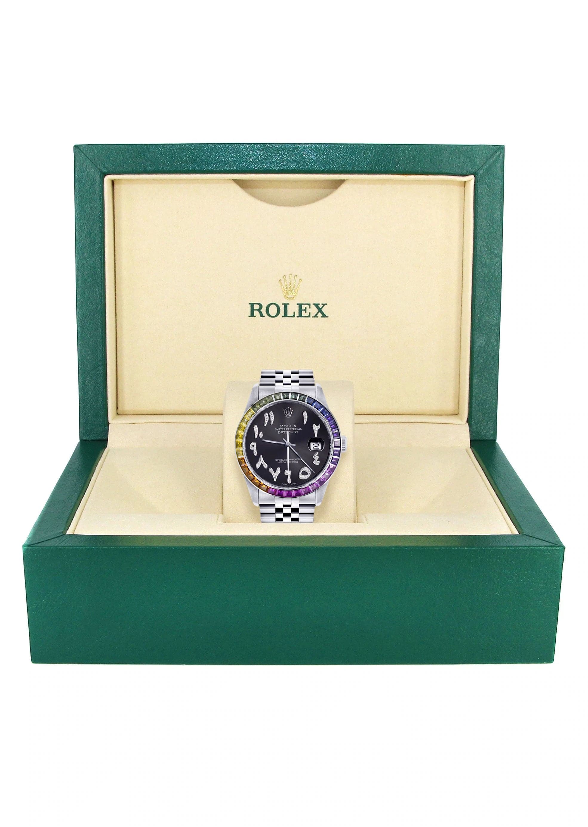 Diamond Gold Rolex Watch For Men 16200 | 36Mm | Rainbow Sapphire Bezel | Black Graphite Arabic Numeral Dial | Jubilee Band - Image 4