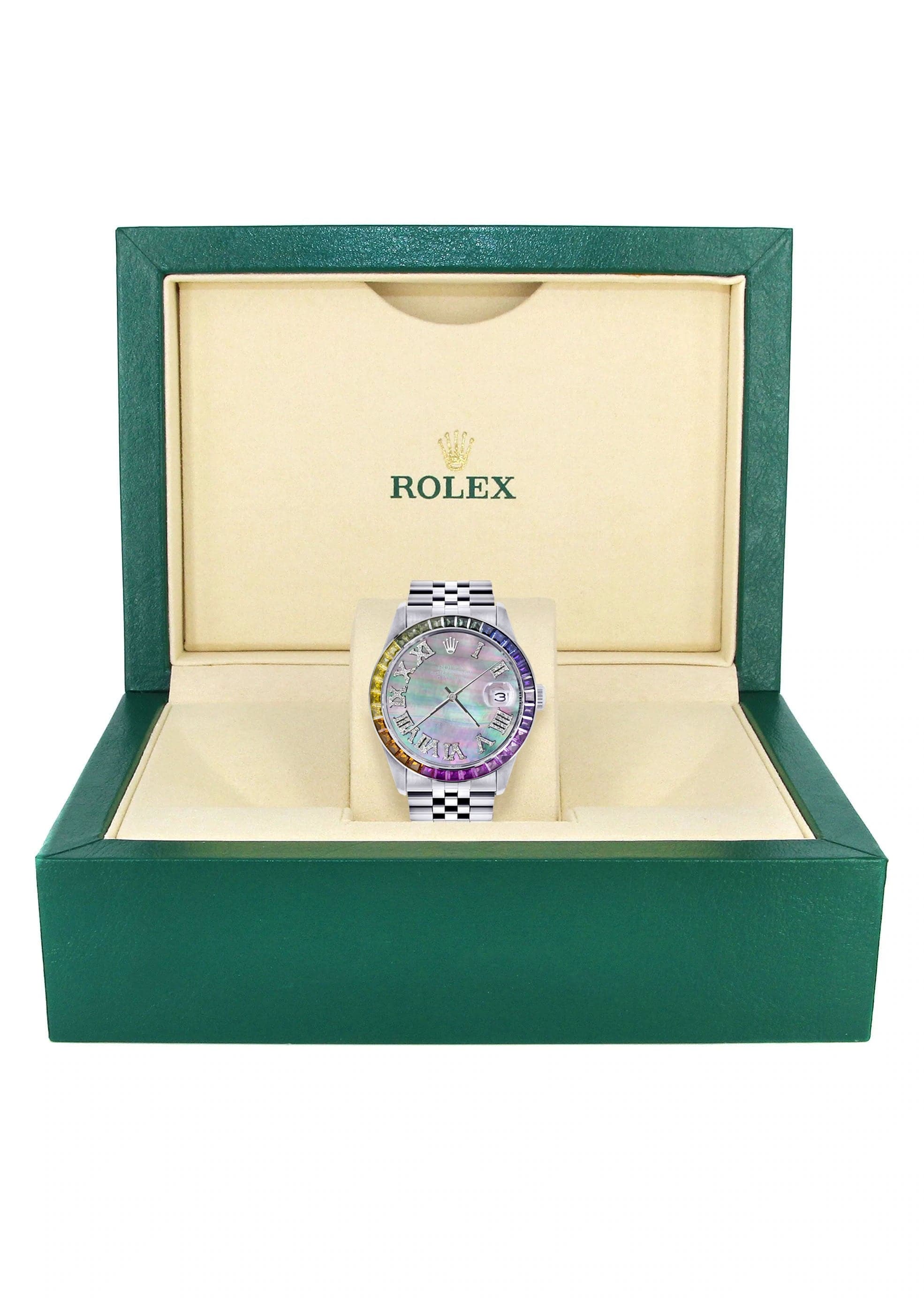 Diamond Gold Rolex Watch For Men 16200 | 36Mm | Rainbow Sapphire Bezel | Dark Mother Of Pearl Roman Numeral Dial | Jubilee Band - Image 4