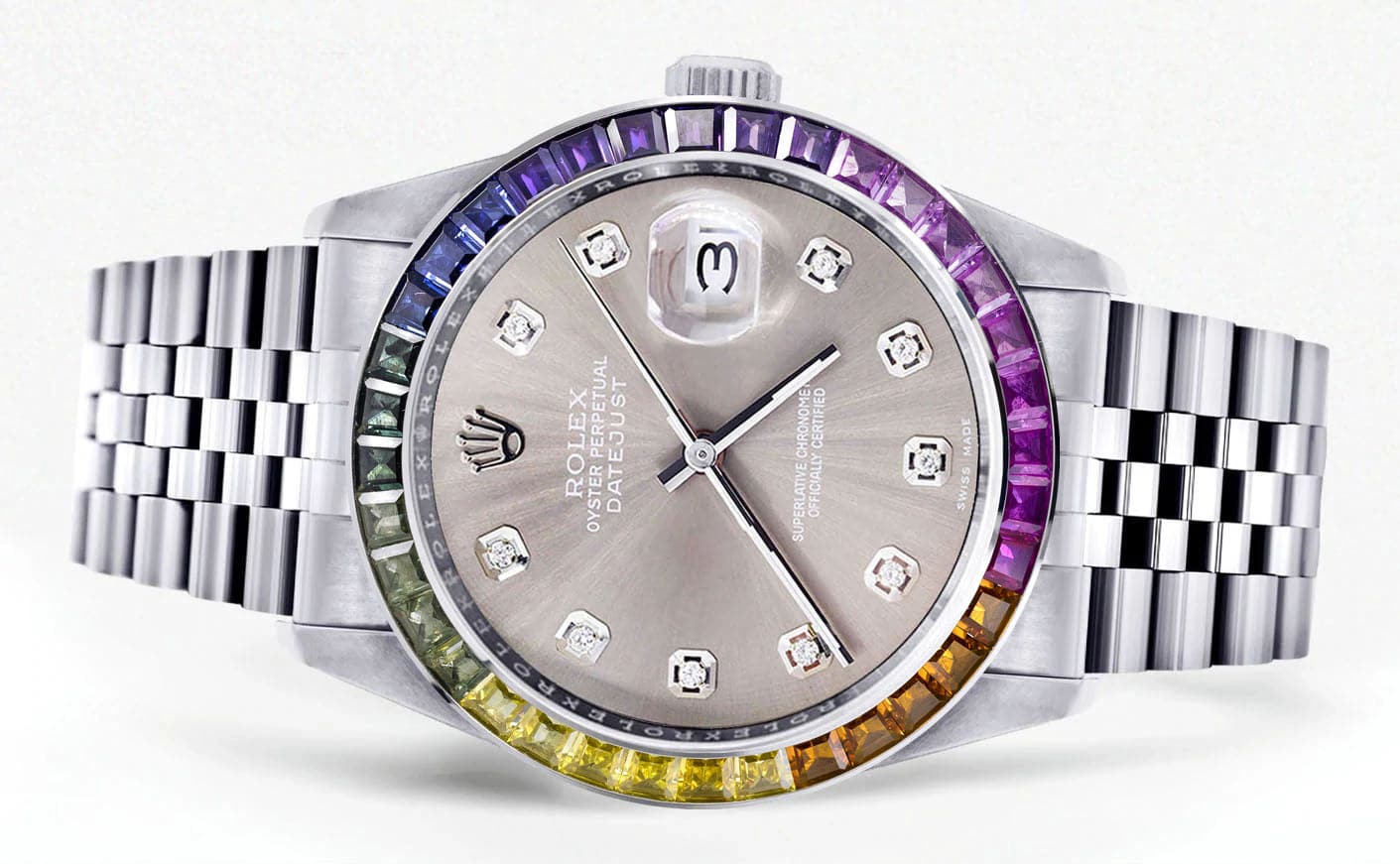 Diamond Gold Rolex Watch For Men 16200 | 36Mm | Rainbow Sapphire Bezel | Grey Dial | Jubilee Band - Image 2