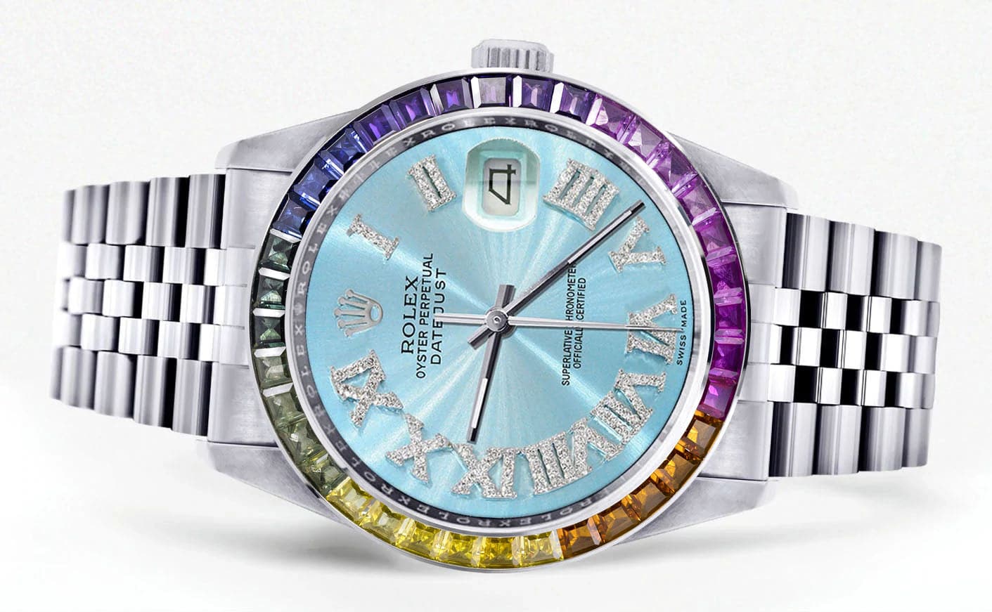 Diamond Gold Rolex Watch For Men 16200 | 36Mm | Rainbow Sapphire Bezel | Light Blue Roman Numeral Dial | Jubilee Band - Image 2