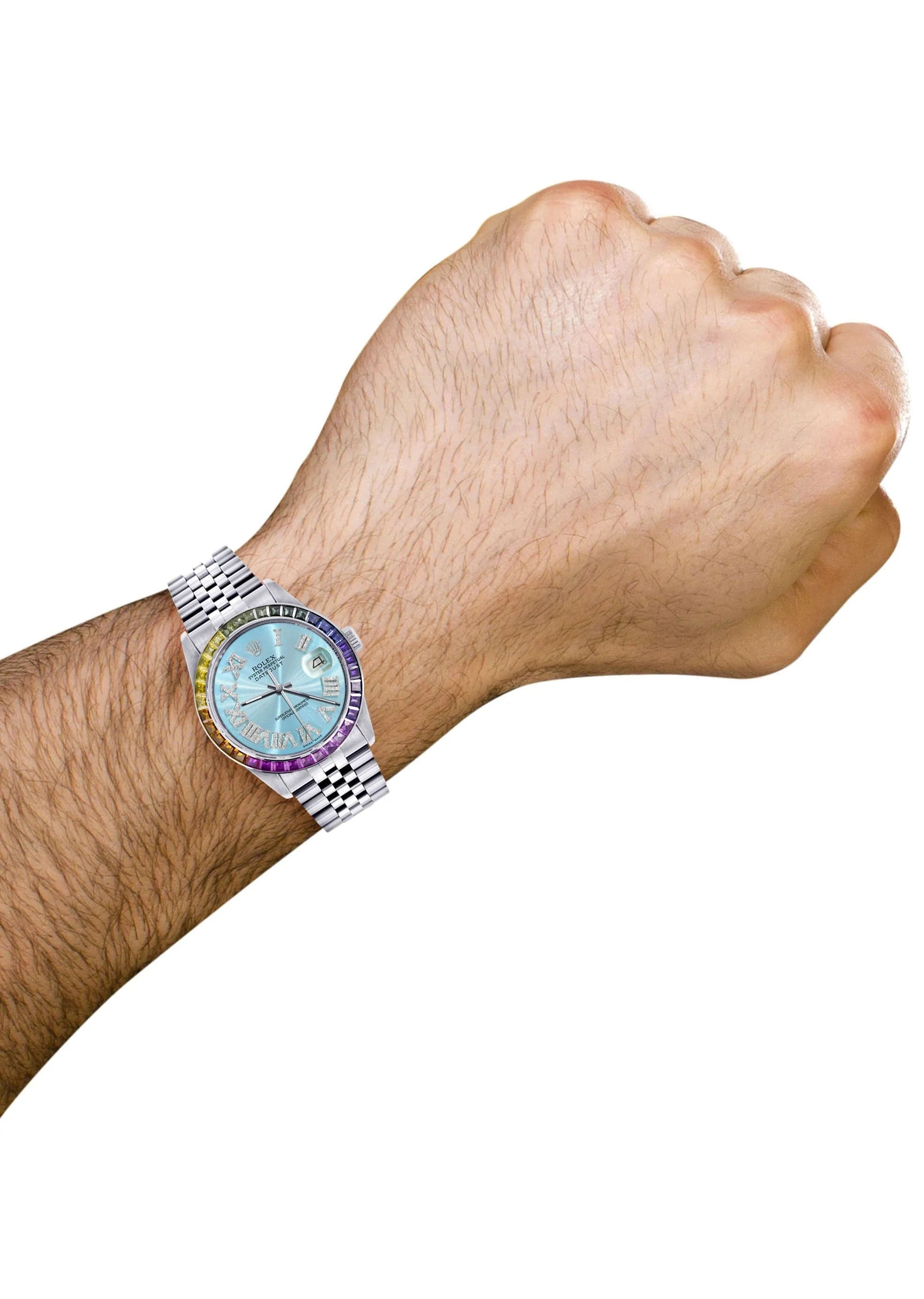 Diamond Gold Rolex Watch For Men 16200 | 36Mm | Rainbow Sapphire Bezel | Light Blue Roman Numeral Dial | Jubilee Band - Image 3