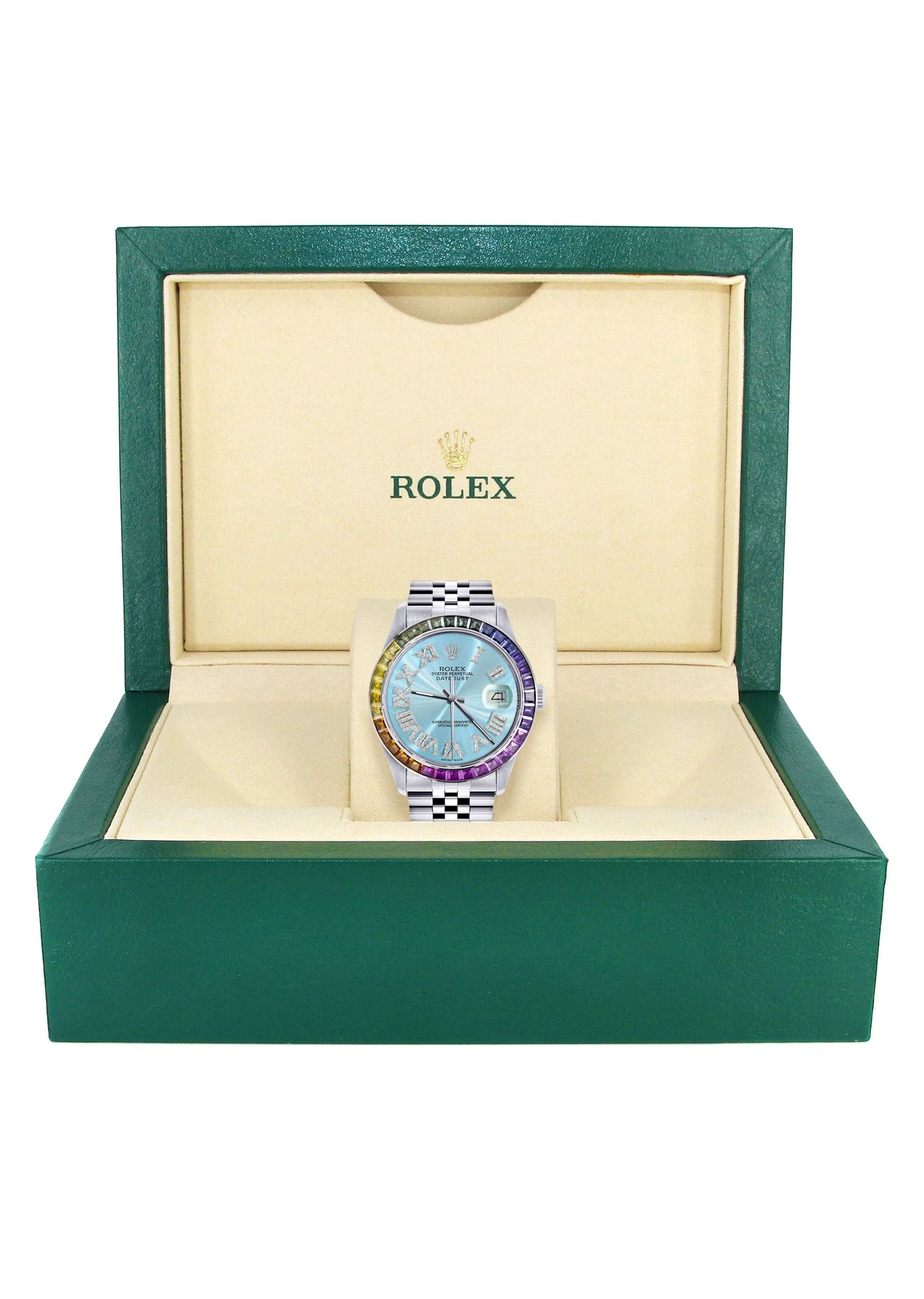 Diamond Gold Rolex Watch For Men 16200 | 36Mm | Rainbow Sapphire Bezel | Light Blue Roman Numeral Dial | Jubilee Band - Image 4