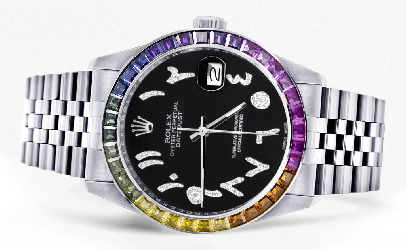 Diamond Gold Rolex Watch For Men 16200 | 36Mm | Rainbow Sapphire Bezel | Black Arabic Numeral Dial | Jubilee Band - Image 2