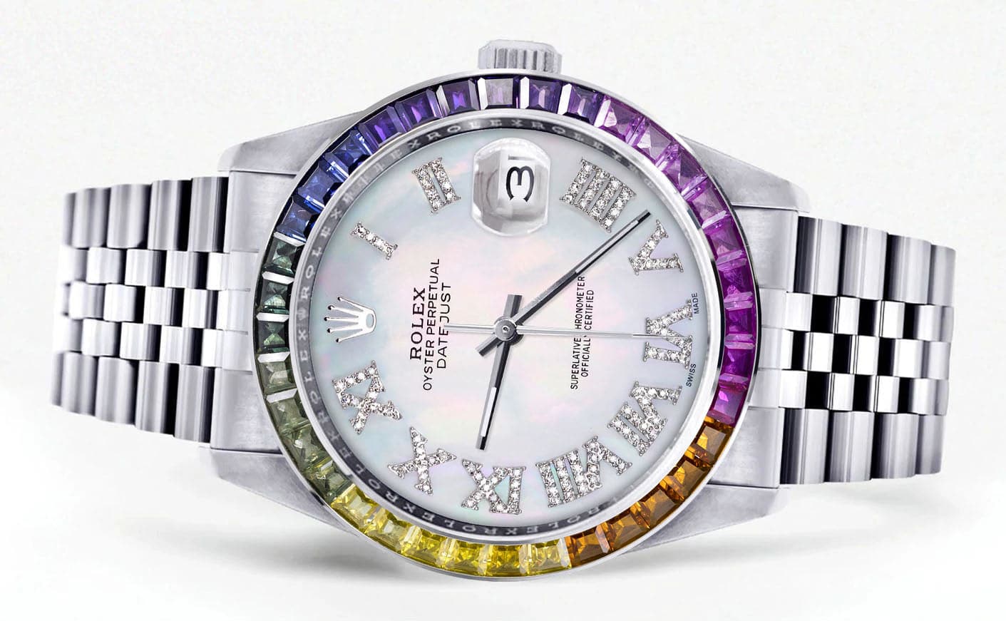 Diamond Gold Rolex Watch For Men 16200 | 36Mm | Rainbow Sapphire Bezel | Light Mother Of Pearl Roman Numeral Dial | Jubilee Band - Image 2