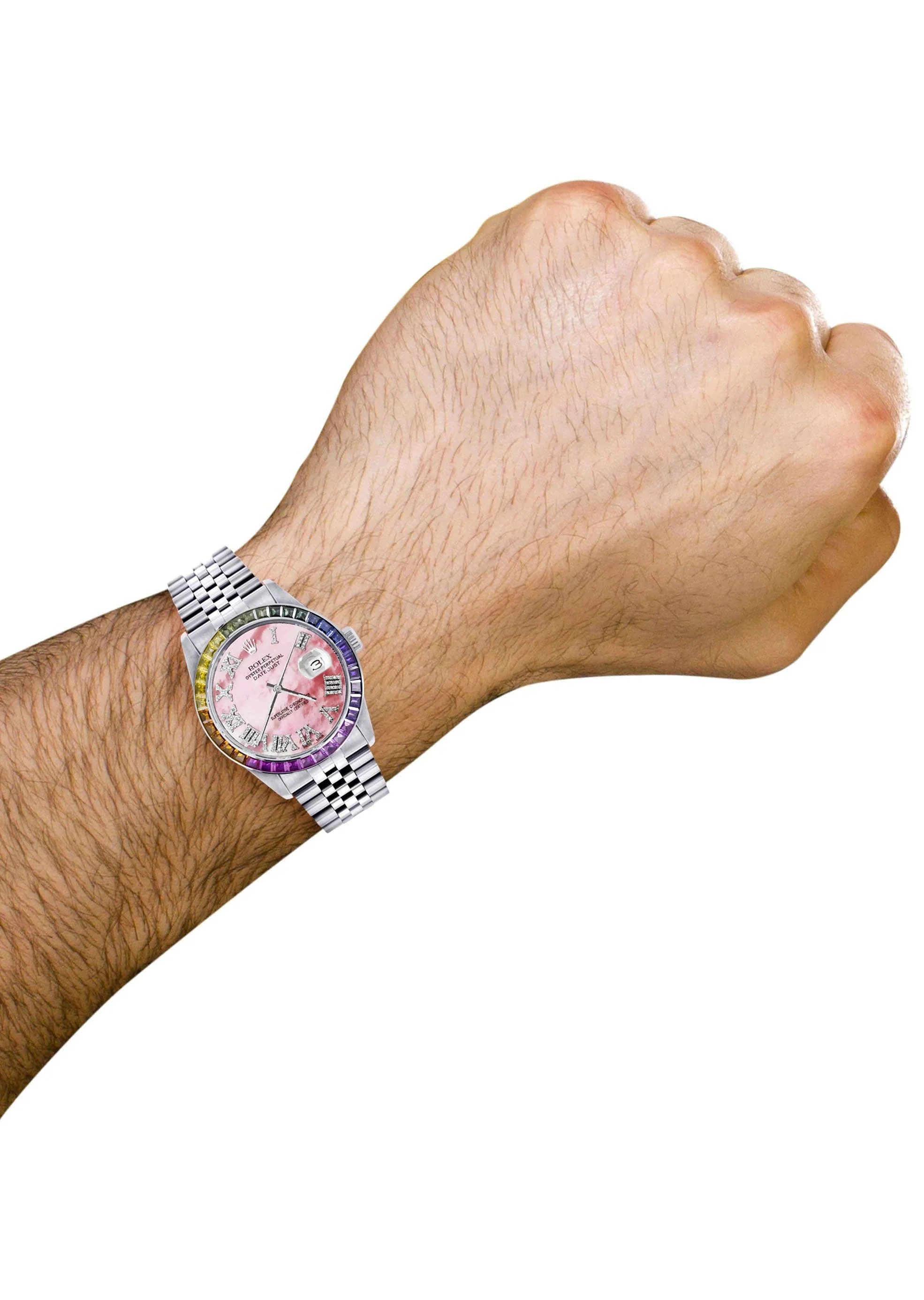 Diamond Gold Rolex Watch For Men 16200 | 36Mm | Rainbow Sapphire Bezel | Pink Mother Of Pearl Roman Numeral Dial | Jubilee Band - Image 3