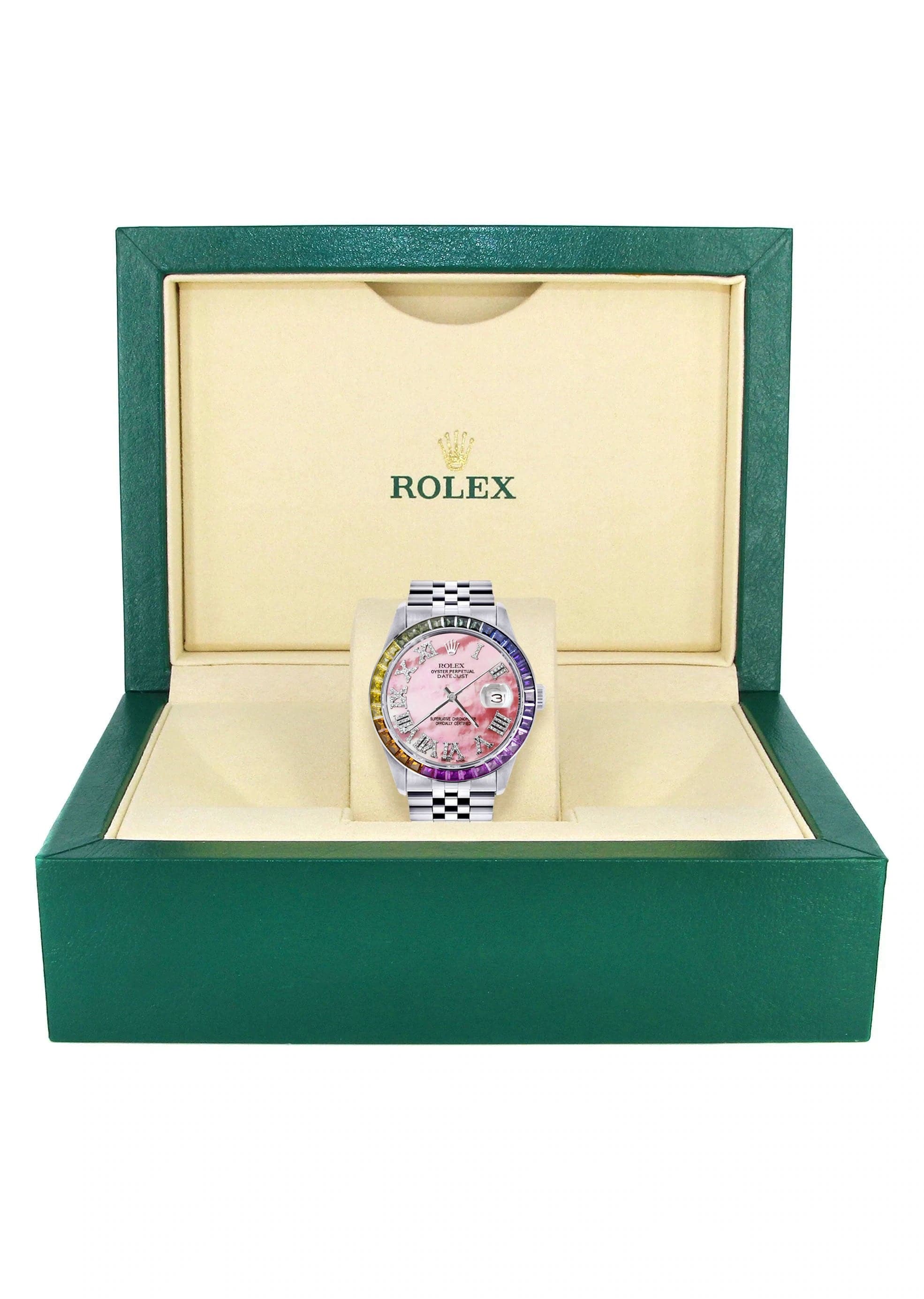 Diamond Gold Rolex Watch For Men 16200 | 36Mm | Rainbow Sapphire Bezel | Pink Mother Of Pearl Roman Numeral Dial | Jubilee Band - Image 4