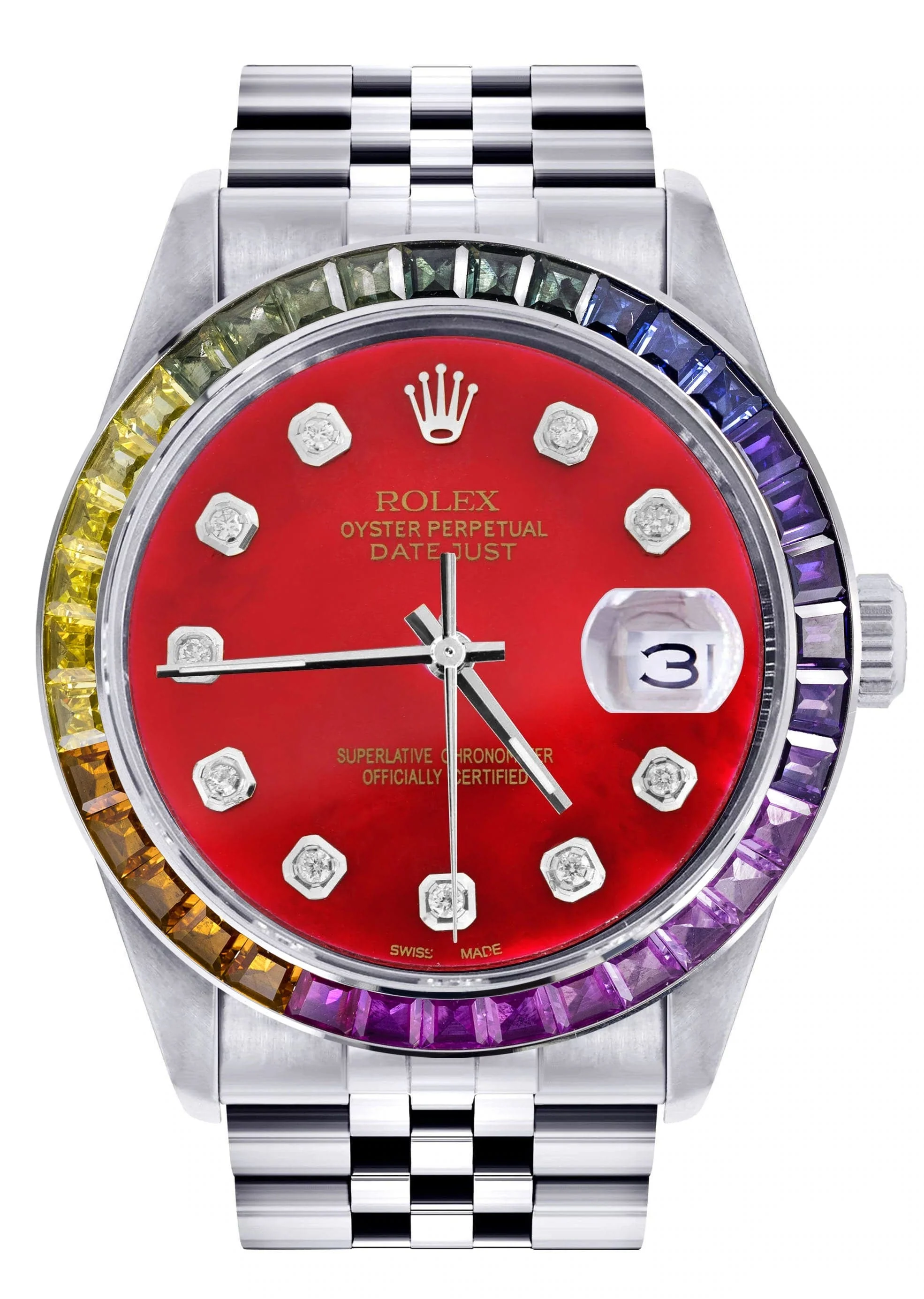 Diamond Gold Rolex Watch For Men 16200 | 36Mm | Rainbow Sapphire Bezel | Red Dial | Jubilee Band
