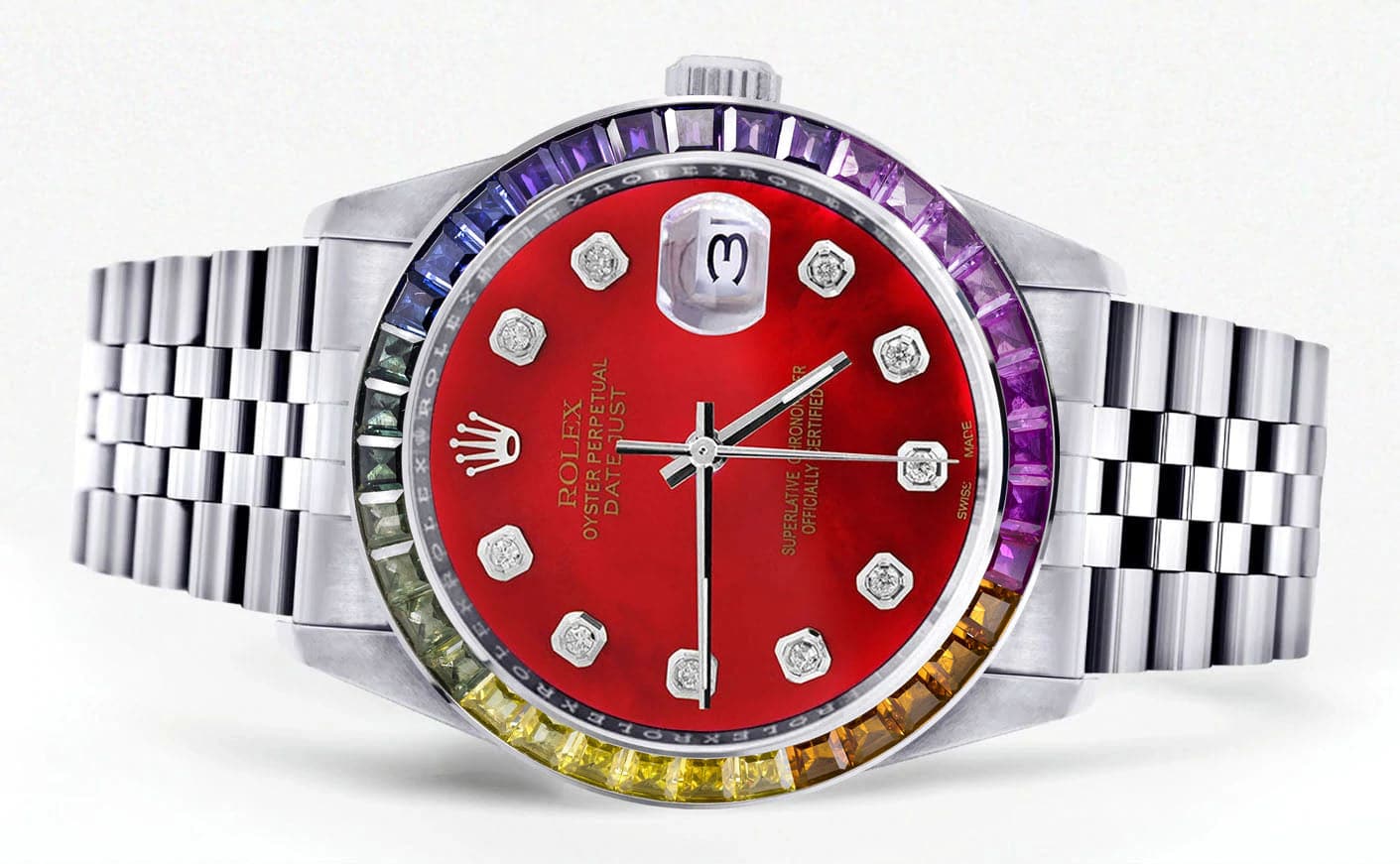 Diamond Gold Rolex Watch For Men 16200 | 36Mm | Rainbow Sapphire Bezel | Red Dial | Jubilee Band - Image 2