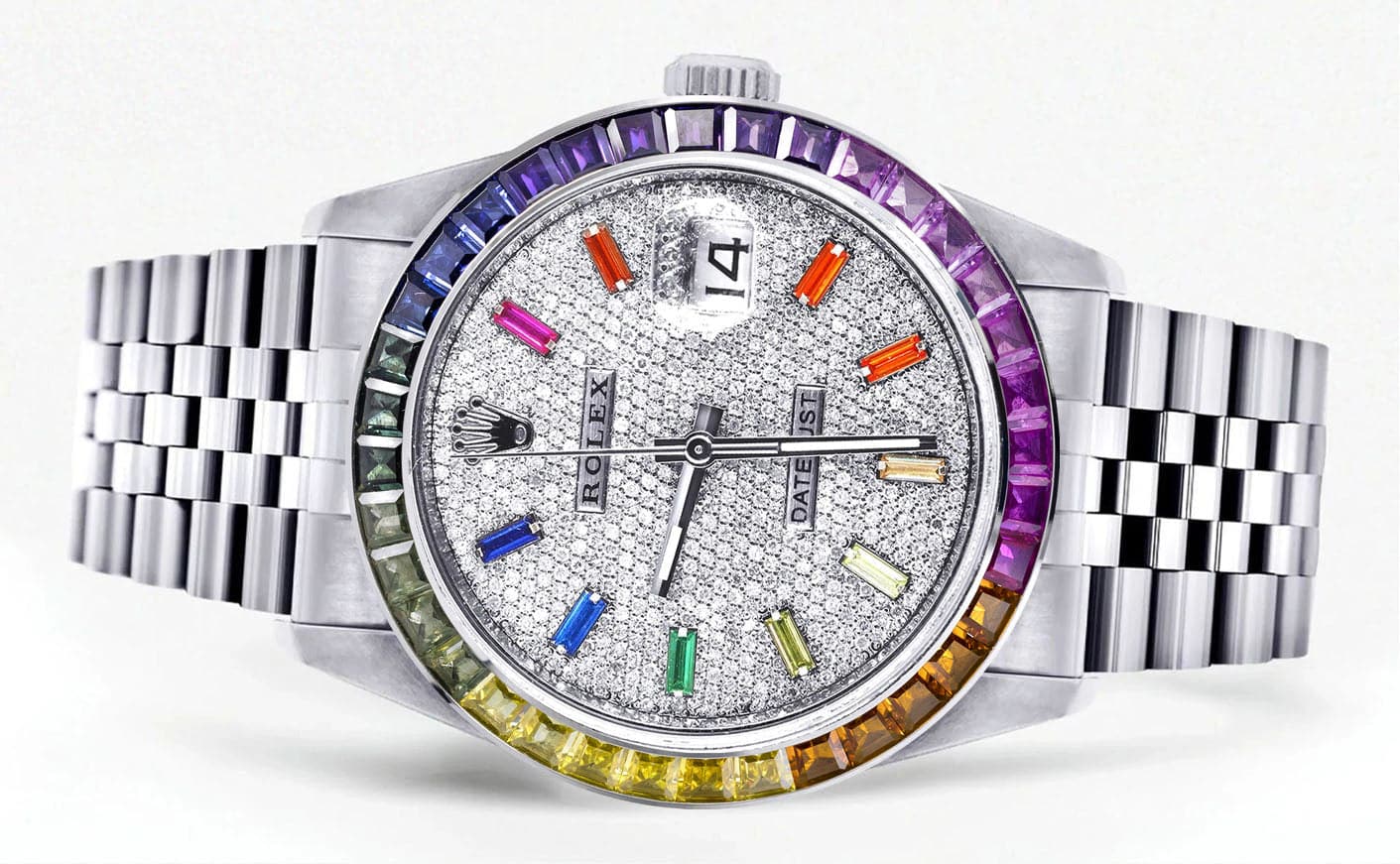 Diamond Gold Rolex Watch For Men 16200 | 36Mm | Rainbow Sapphire Bezel | Rainbow Baguettes Diamond Dial | Jubilee Band - Image 2