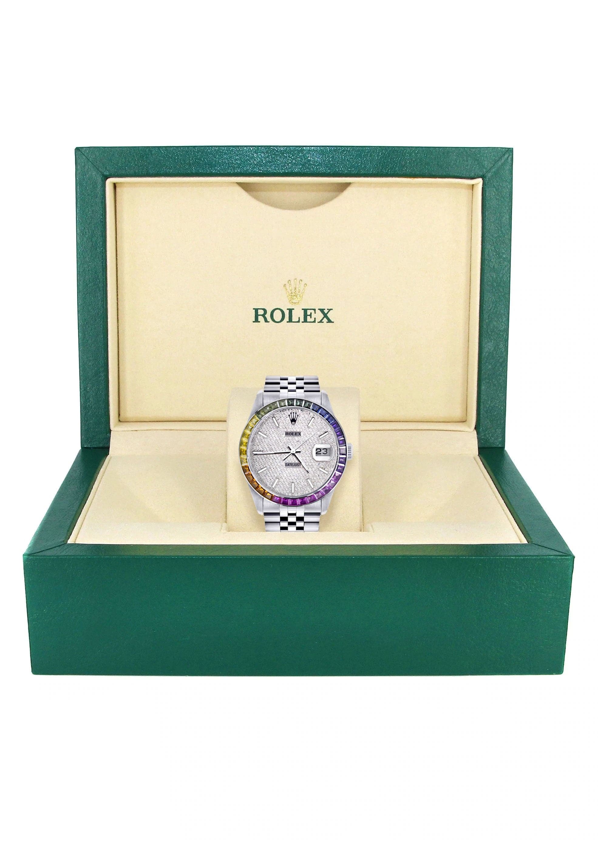 Diamond Gold Rolex Watch For Men 16200 | 36Mm | Rainbow Sapphire Bezel | Iced Out Diamond Dial | Jubilee Band - Image 4
