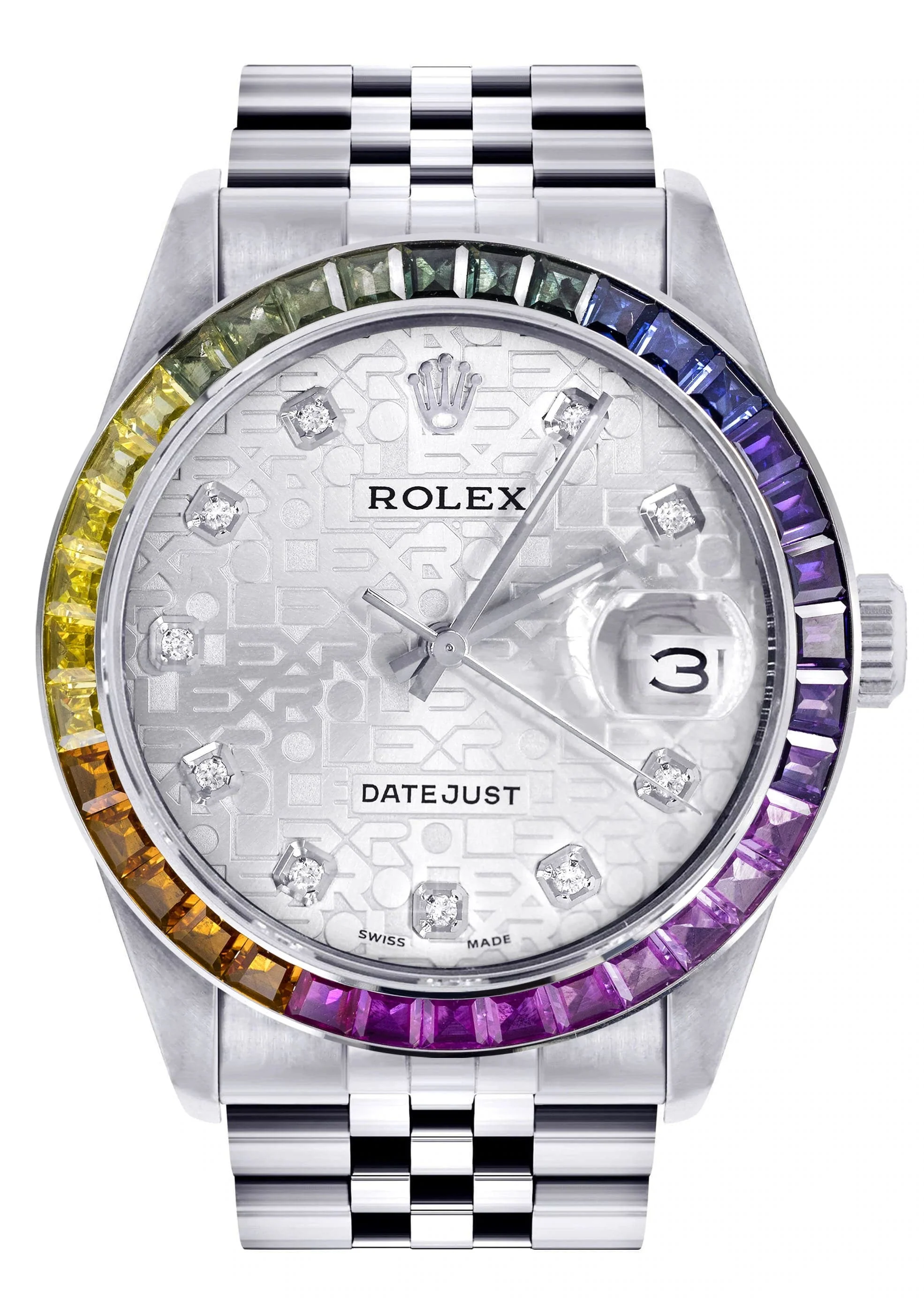 Diamond Gold Rolex Watch For Men 16200 | 36Mm | Rainbow Sapphire Bezel | Silver Texture Dial | Jubilee Band