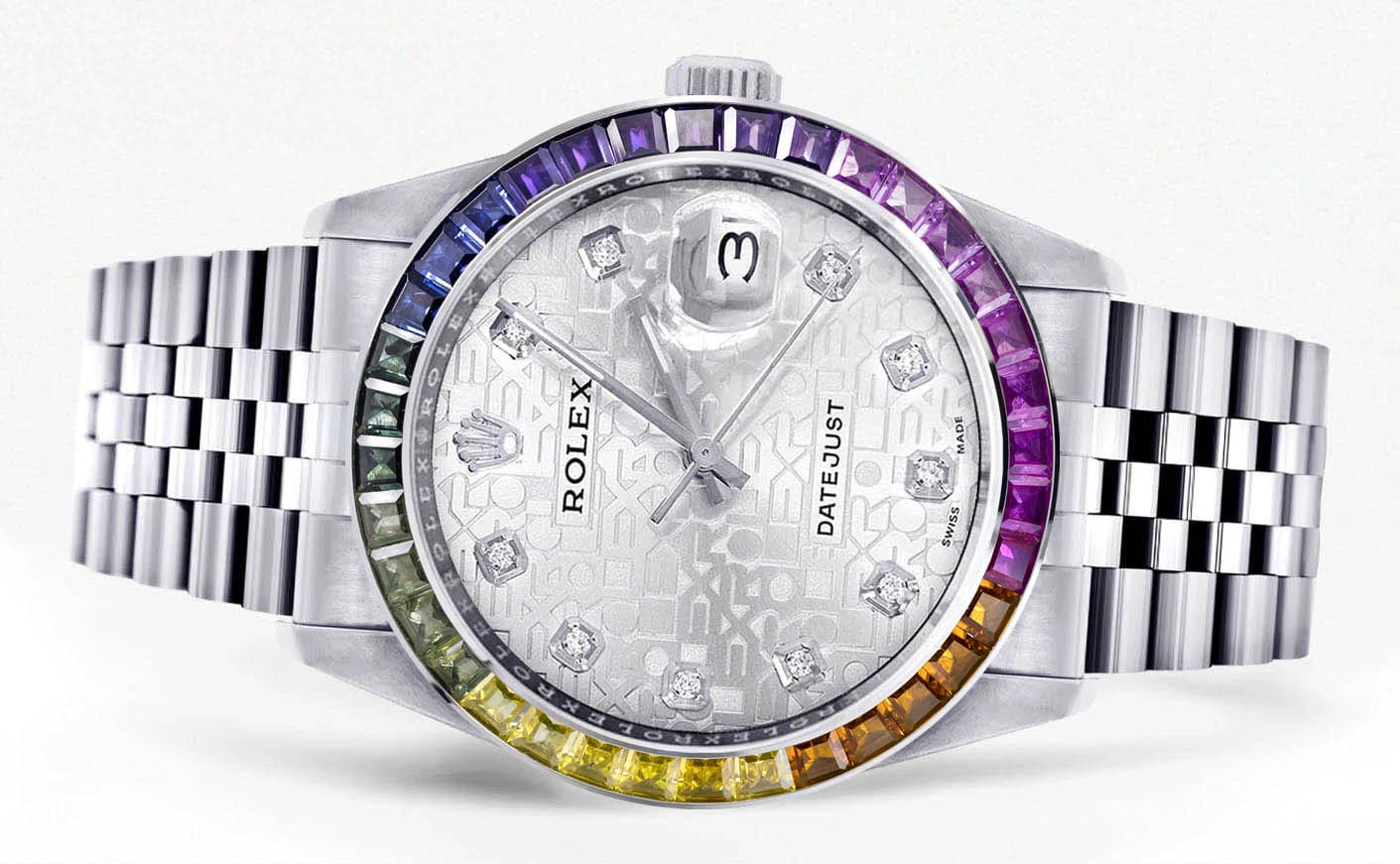 Diamond Gold Rolex Watch For Men 16200 | 36Mm | Rainbow Sapphire Bezel | Silver Texture Dial | Jubilee Band - Image 2