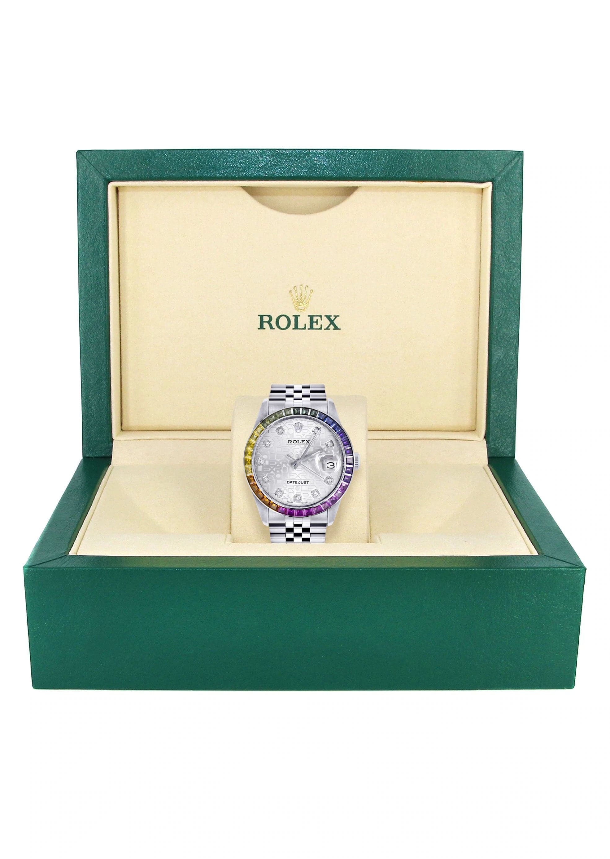Diamond Gold Rolex Watch For Men 16200 | 36Mm | Rainbow Sapphire Bezel | Silver Texture Dial | Jubilee Band - Image 4