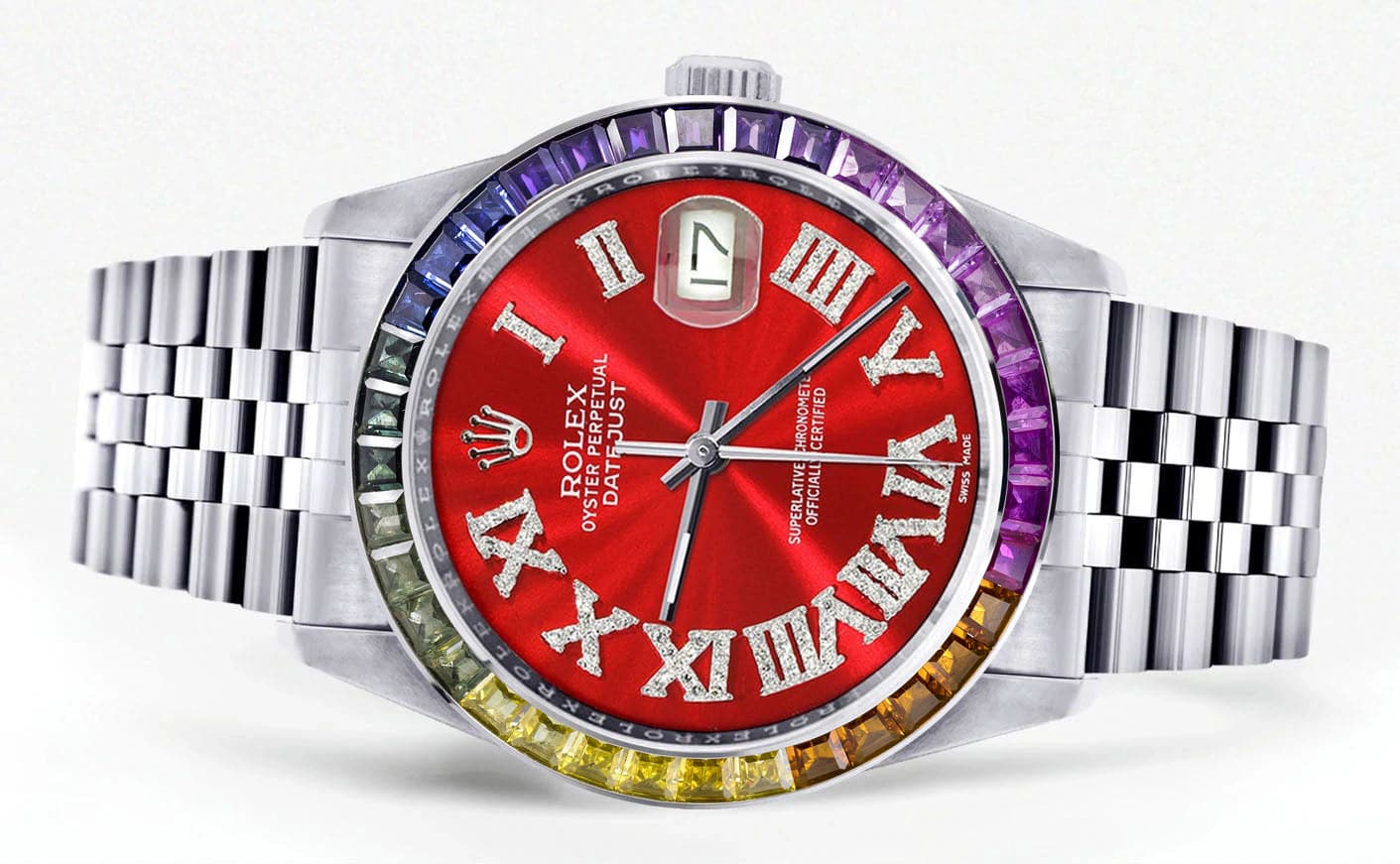 Diamond Gold Rolex Watch For Men 16200 | 36Mm | Rainbow Sapphire Bezel | Red Roman Numeral Dial | Jubilee Band - Image 2