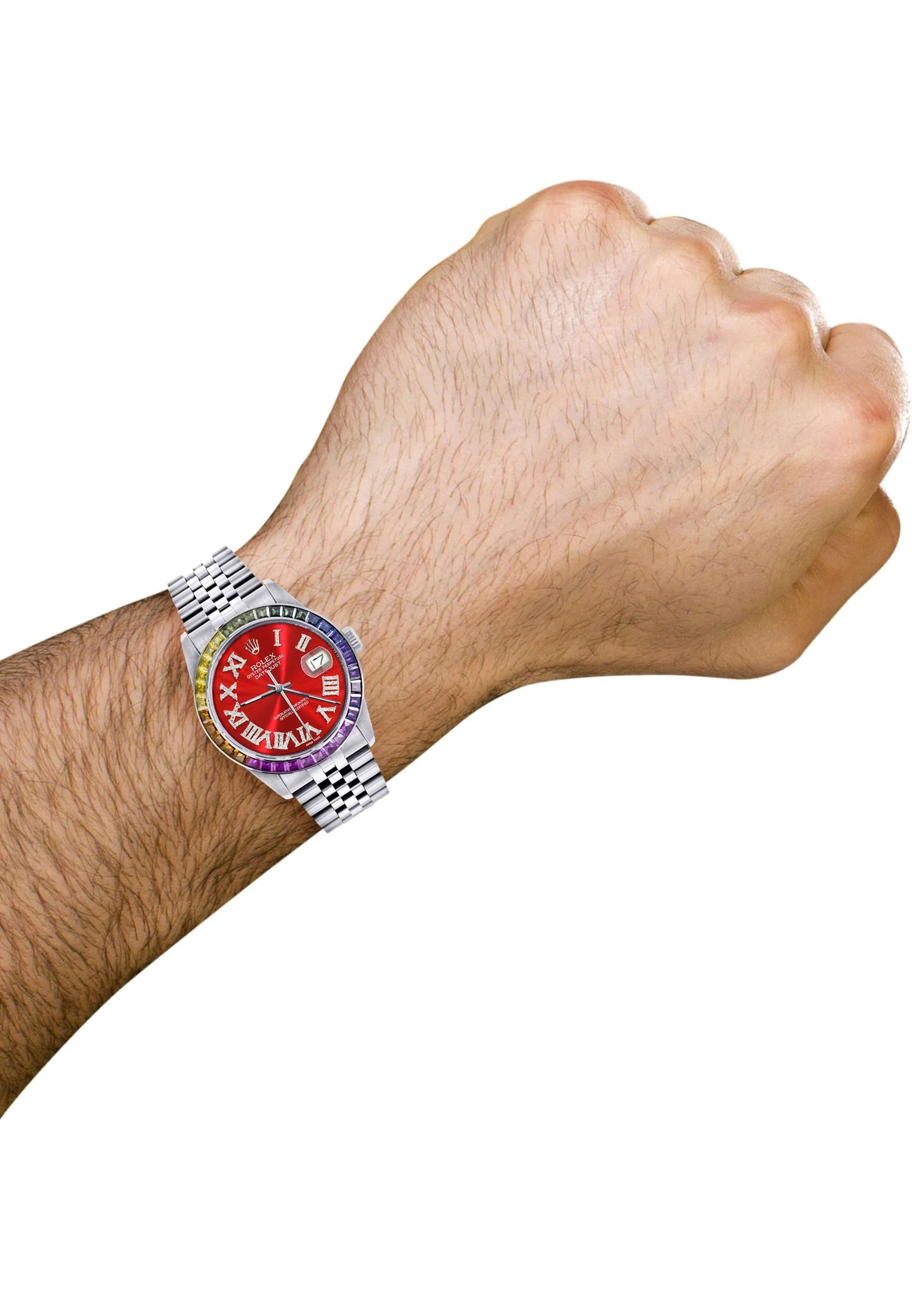 Diamond Gold Rolex Watch For Men 16200 | 36Mm | Rainbow Sapphire Bezel | Red Roman Numeral Dial | Jubilee Band - Image 3