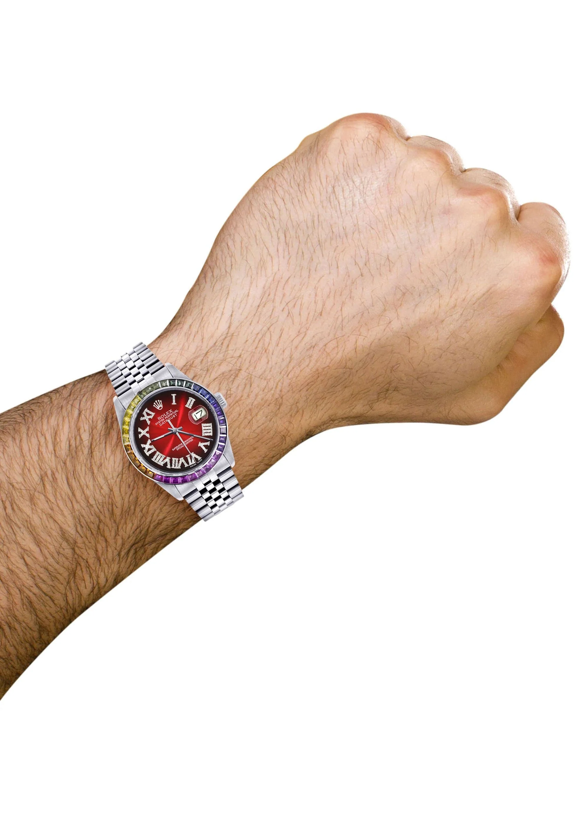 Diamond Gold Rolex Watch For Men 16200 | 36Mm | Rainbow Sapphire Bezel | Red Black Roman Numeral Dial | Jubilee Band - Image 3