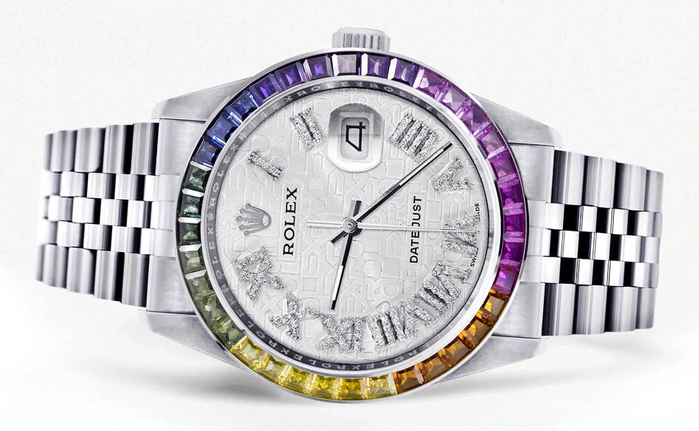 Diamond Gold Rolex Watch For Men 16200 | 36Mm | Rainbow Sapphire Bezel | Silver Texture Roman Numeral Dial | Jubilee Band - Image 2