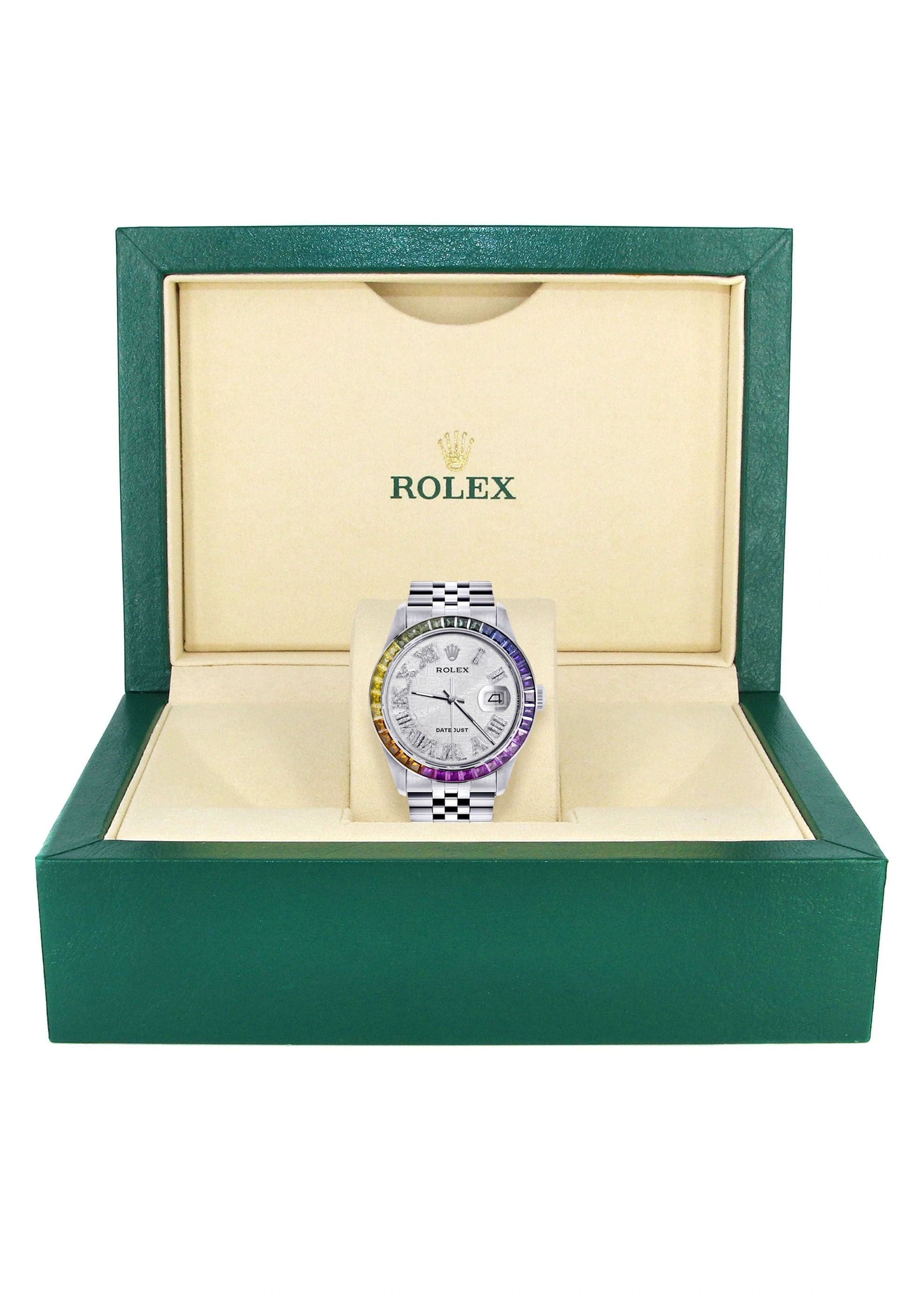 Diamond Gold Rolex Watch For Men 16200 | 36Mm | Rainbow Sapphire Bezel | Silver Texture Roman Numeral Dial | Jubilee Band - Image 4