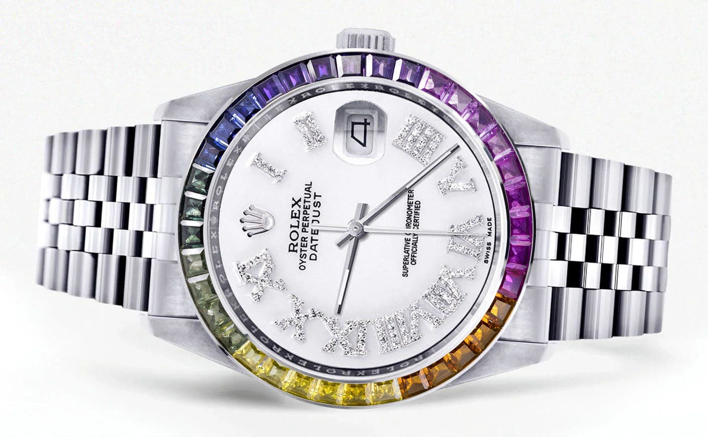 Diamond Gold Rolex Watch For Men 16200 | 36Mm | Rainbow Sapphire Bezel | White Roman Numeral Dial | Jubilee Band - Image 2