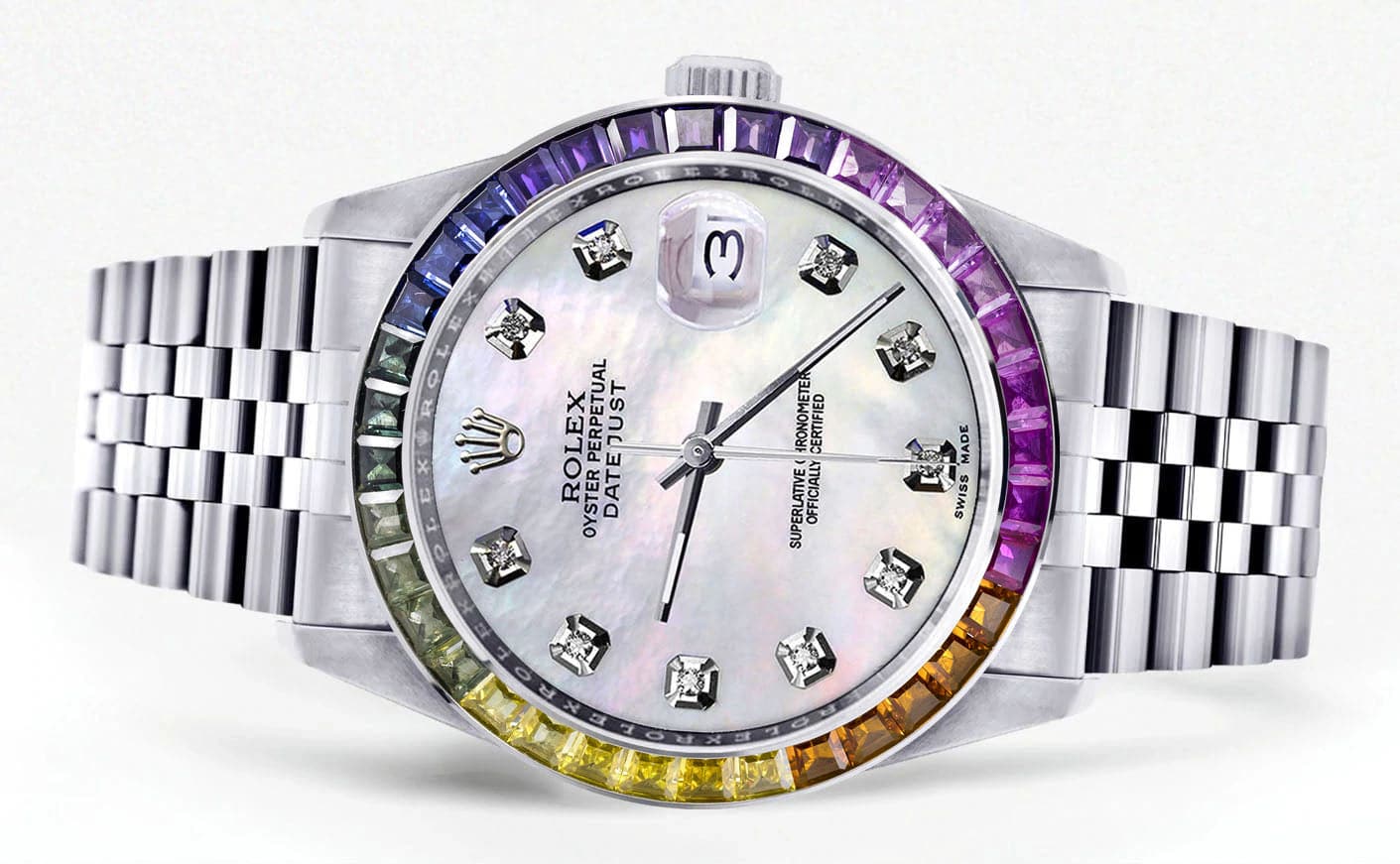 Diamond Gold Rolex Watch For Men 16200 | 36Mm | Rainbow Sapphire Bezel | Mother Of Pearl Dial | Jubilee Band - Image 2