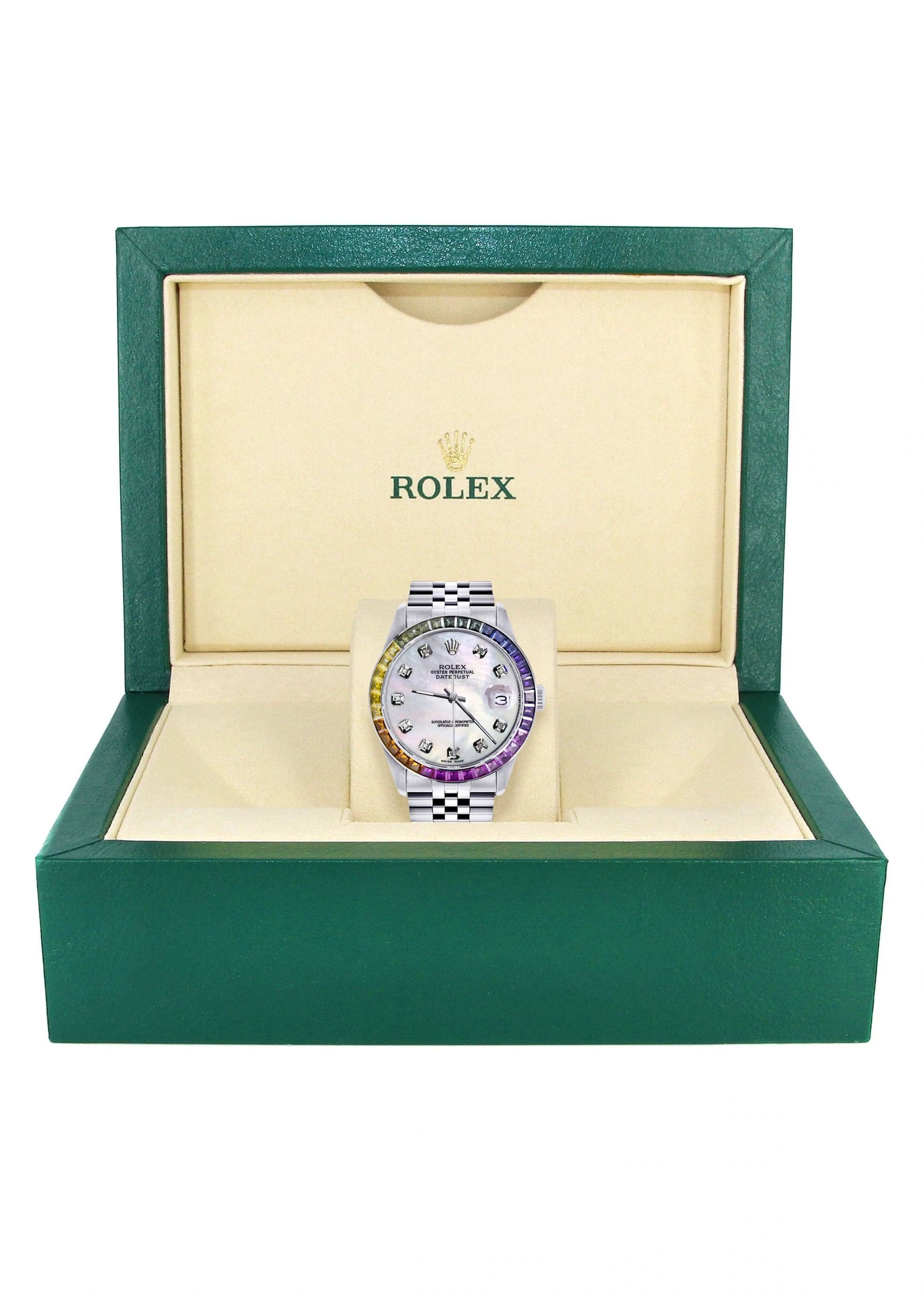 Diamond Gold Rolex Watch For Men 16200 | 36Mm | Rainbow Sapphire Bezel | Mother Of Pearl Dial | Jubilee Band - Image 4