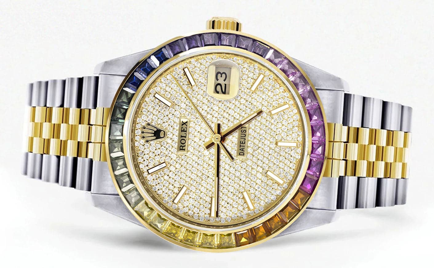 Diamond Gold Rolex Watch For Men 16233 | 36Mm | Rainbow Sapphire Bezel | Full Diamond Dial | Jubilee Band - Image 2