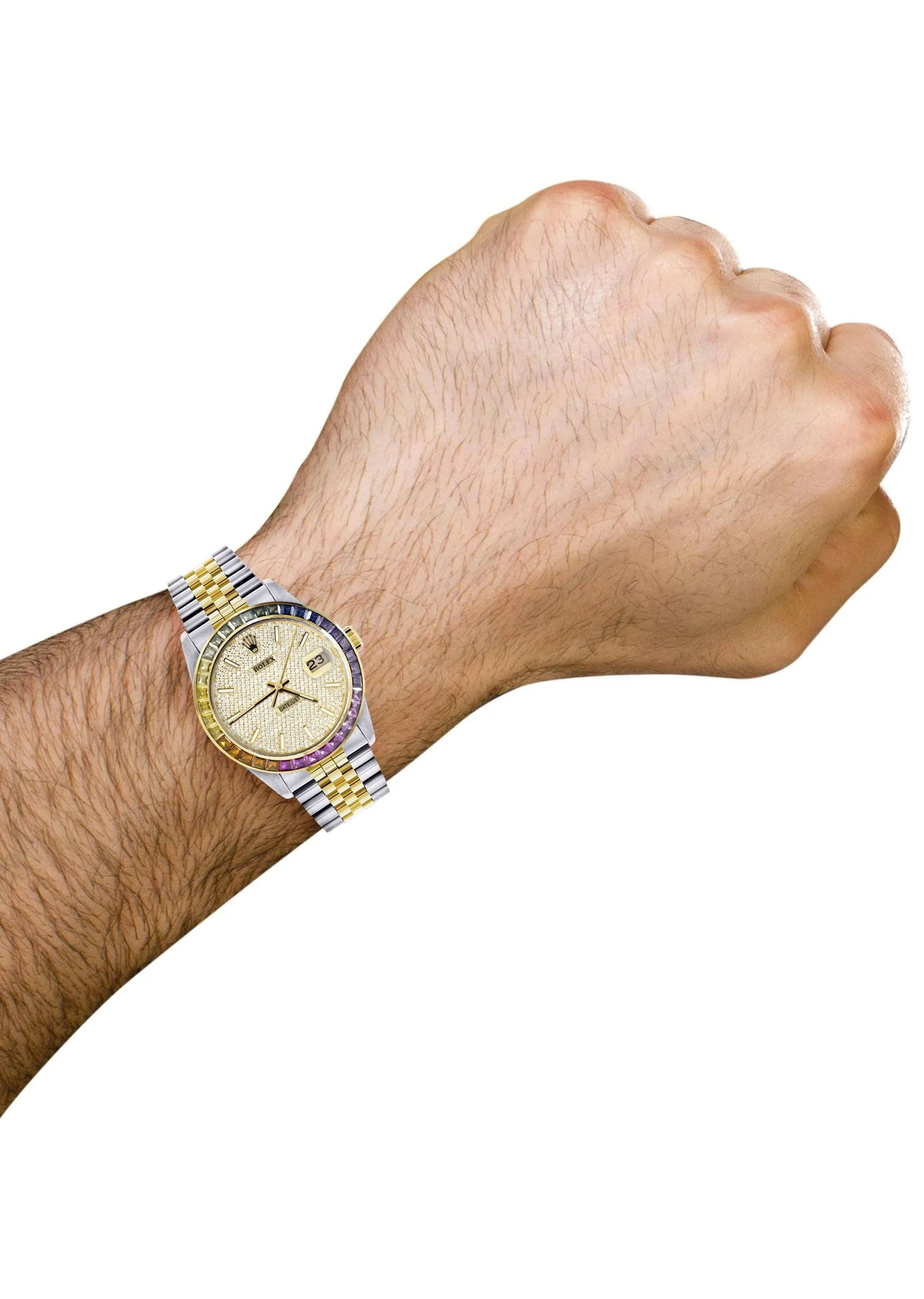 Diamond Gold Rolex Watch For Men 16233 | 36Mm | Rainbow Sapphire Bezel | Full Diamond Dial | Jubilee Band - Image 3
