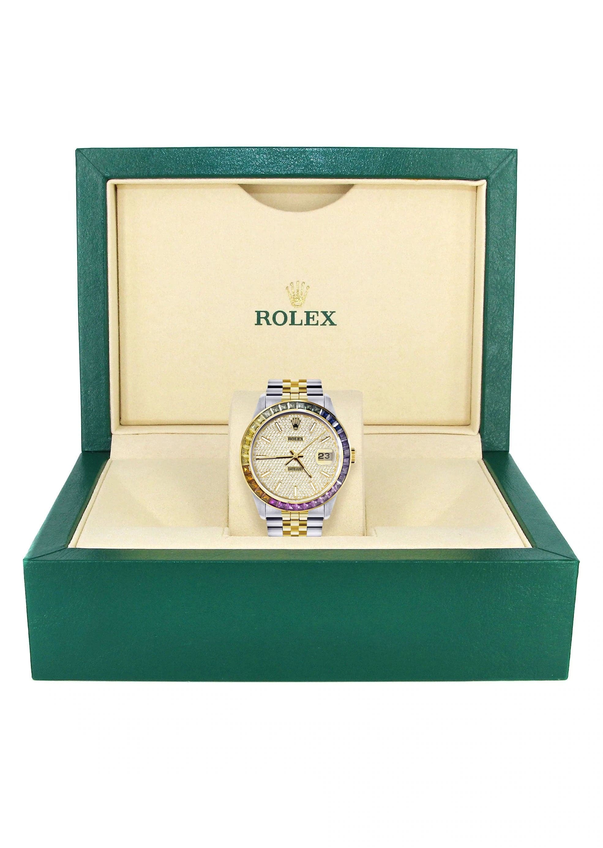 Diamond Gold Rolex Watch For Men 16233 | 36Mm | Rainbow Sapphire Bezel | Full Diamond Dial | Jubilee Band - Image 4