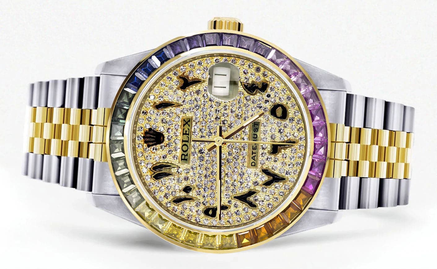 Diamond Gold Rolex Watch For Men 16233 | 36Mm | Rainbow Sapphire Bezel | Iced Out Black Arabic Numeral Dial | Jubilee Band - Image 2