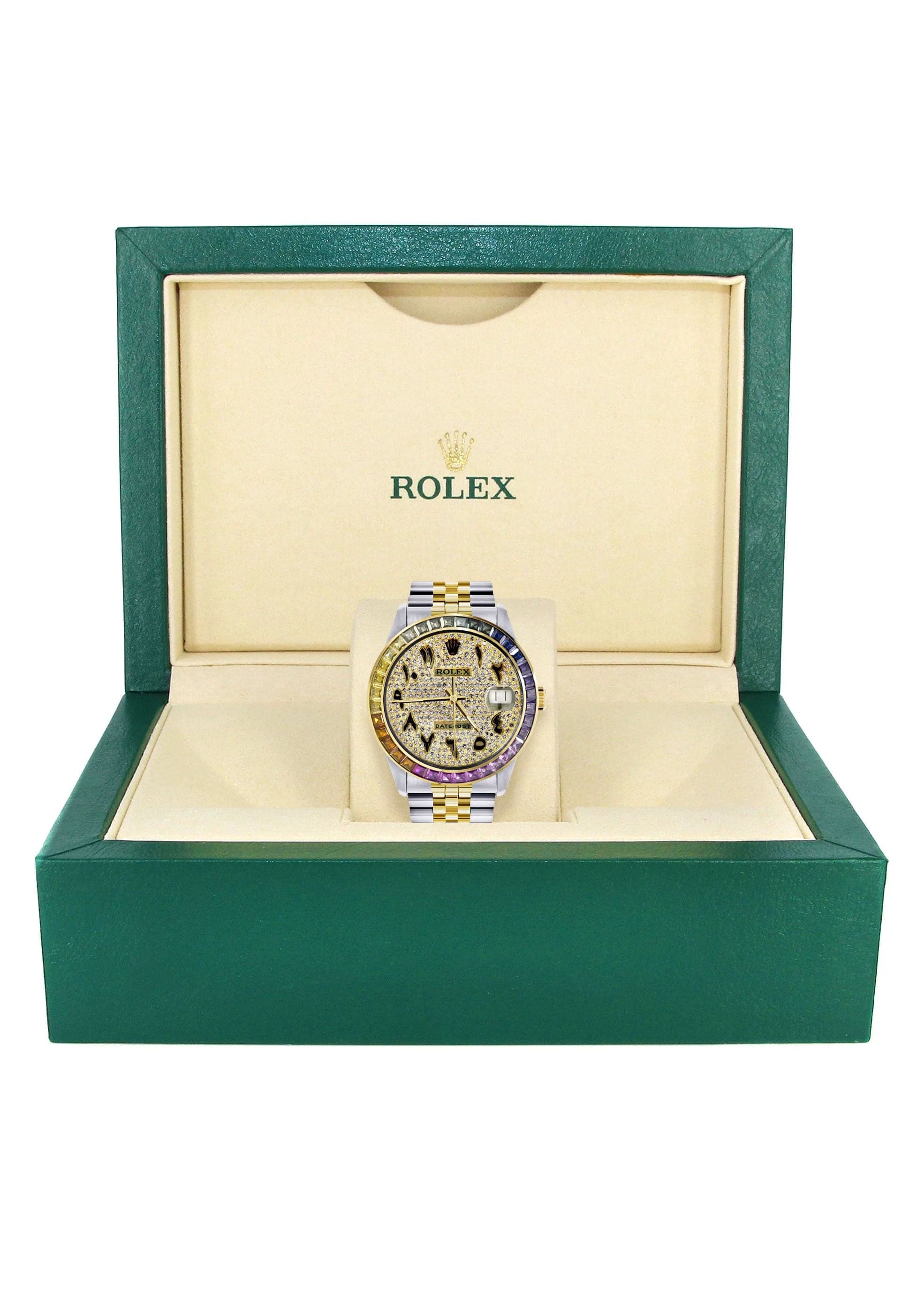 Diamond Gold Rolex Watch For Men 16233 | 36Mm | Rainbow Sapphire Bezel | Iced Out Black Arabic Numeral Dial | Jubilee Band - Image 4