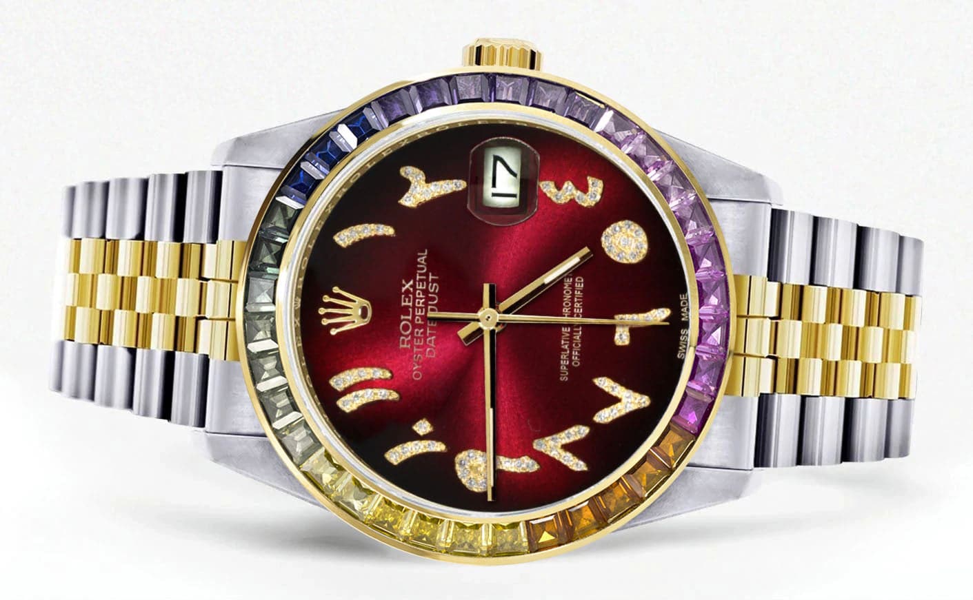 Diamond Gold Rolex Watch For Men 16233 | 36Mm | Rainbow Sapphire Bezel | Diamond Red Arabic Numeral Dial | Jubilee Band - Image 2