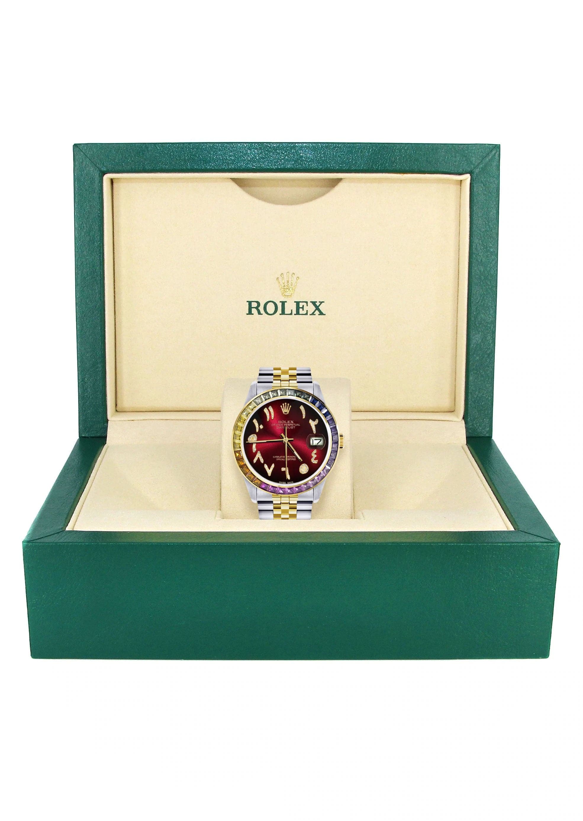 Diamond Gold Rolex Watch For Men 16233 | 36Mm | Rainbow Sapphire Bezel | Diamond Red Arabic Numeral Dial | Jubilee Band - Image 4