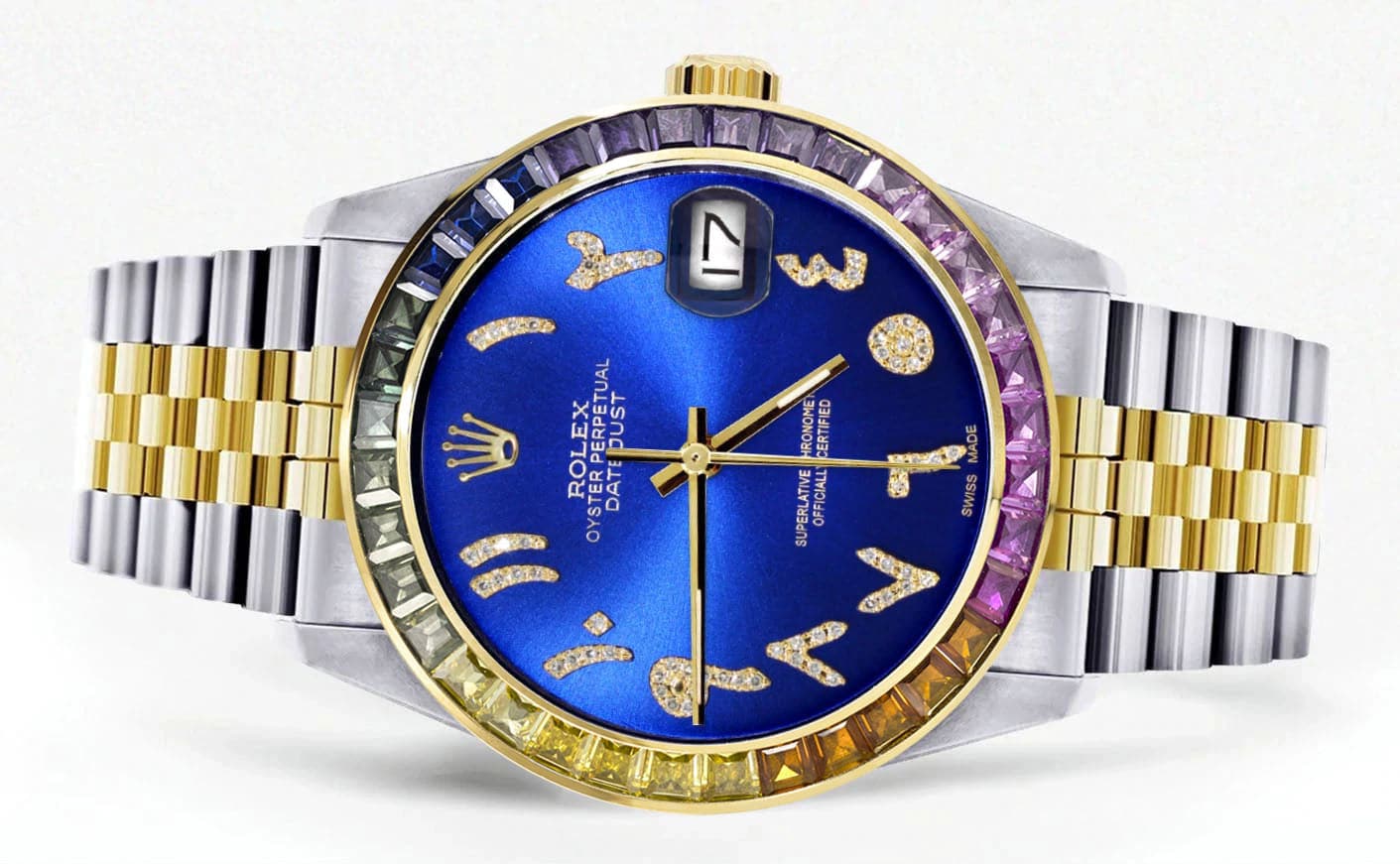 Diamond Gold Rolex Watch For Men 16233 | 36Mm | Rainbow Sapphire Bezel | Diamond Blue Arabic Numeral Dial | Jubilee Band - Image 2