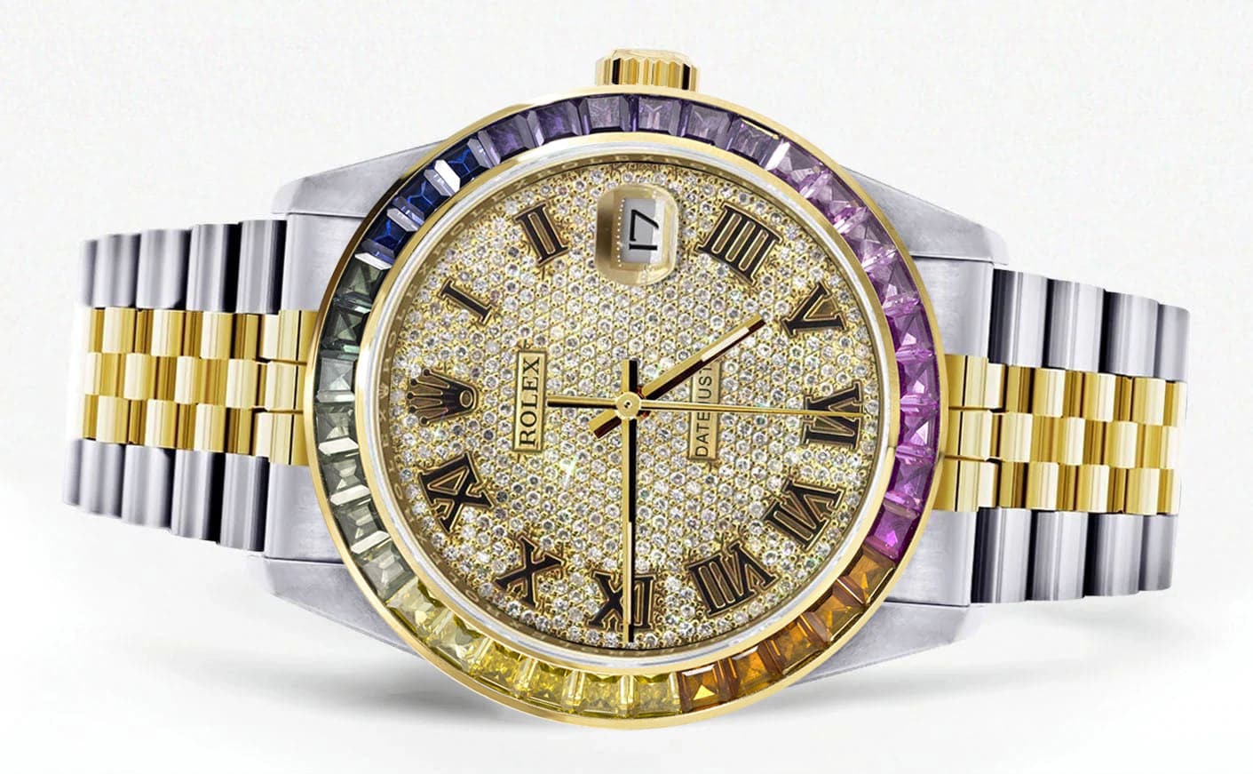Diamond Gold Rolex Watch For Men 16233 | 36Mm | Rainbow Sapphire Bezel | Full Diamond Roman Numeral | Jubilee Band - Image 2