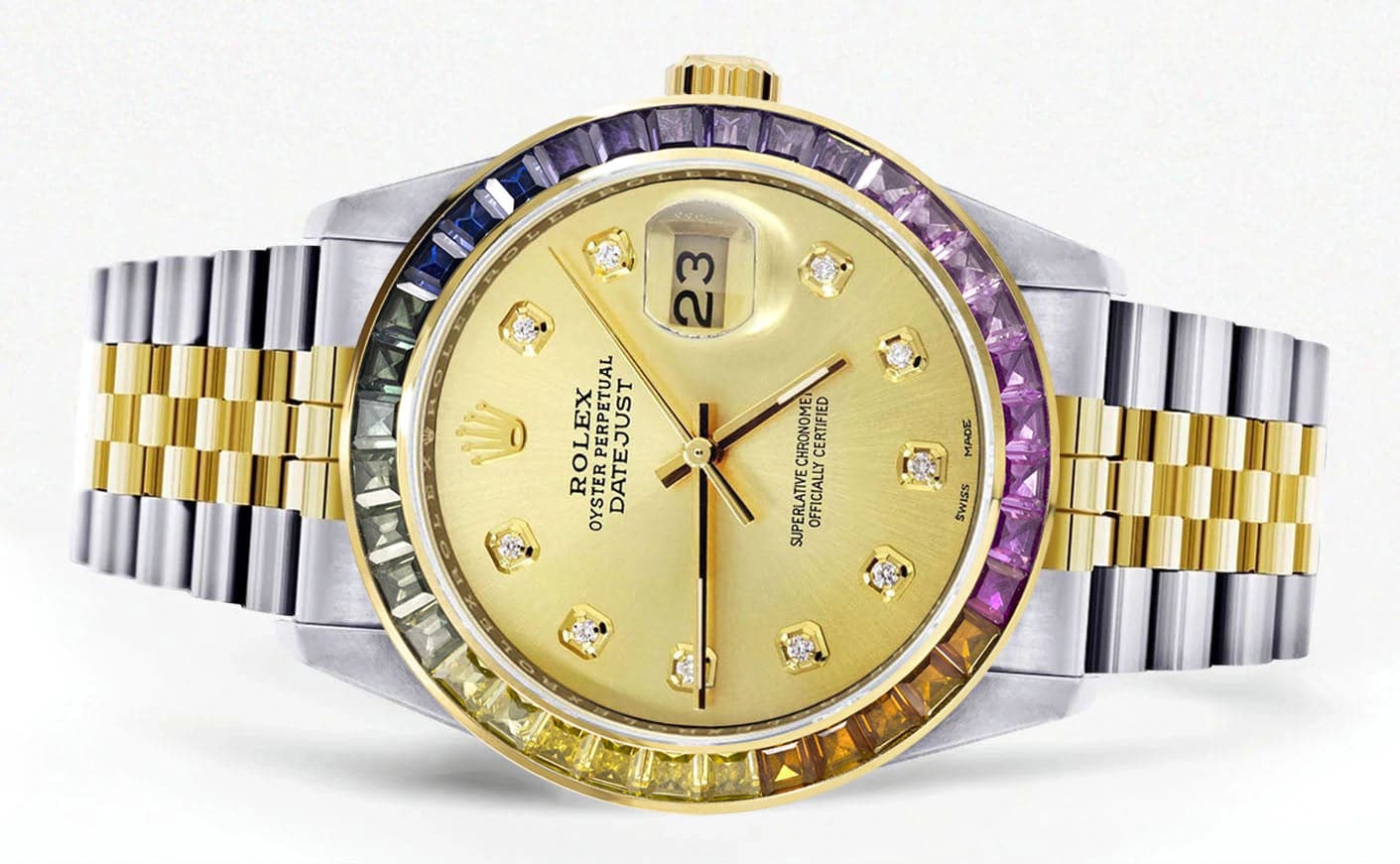 Diamond Gold Rolex Watch For Men 16233 | 36Mm | Rainbow Sapphire Bezel | Gold Dial | Jubilee Band - Image 2