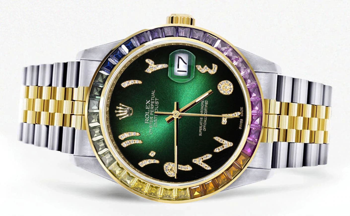 Diamond Gold Rolex Watch For Men 16233 | 36Mm | Rainbow Sapphire Bezel | Diamond Green Black Arabic Numeral Dial | Jubilee Band - Image 2