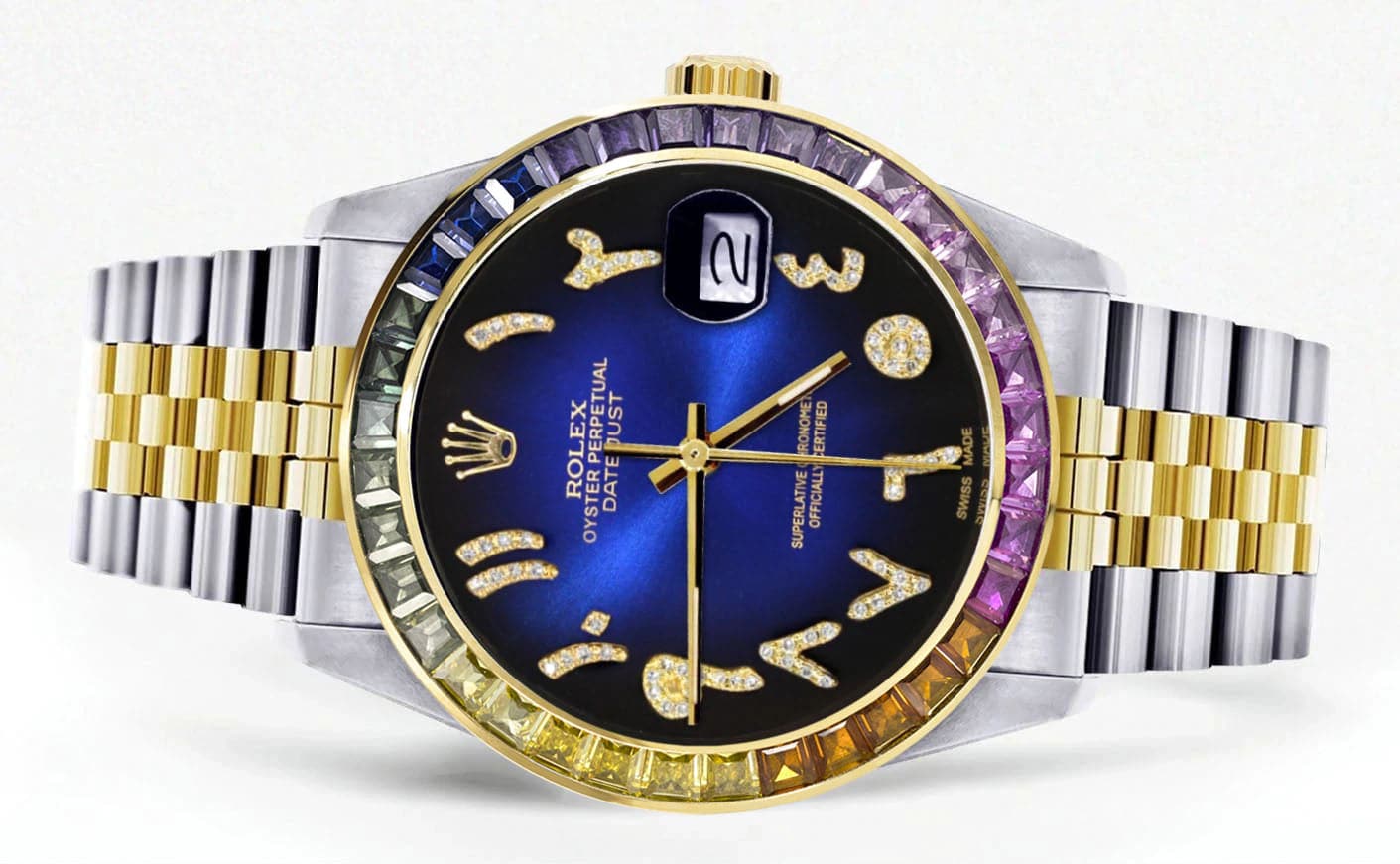Diamond Gold Rolex Watch For Men 16233 | 36Mm | Rainbow Sapphire Bezel | Diamond Blue Black Arabic Numeral Dial | Jubilee Band - Image 2