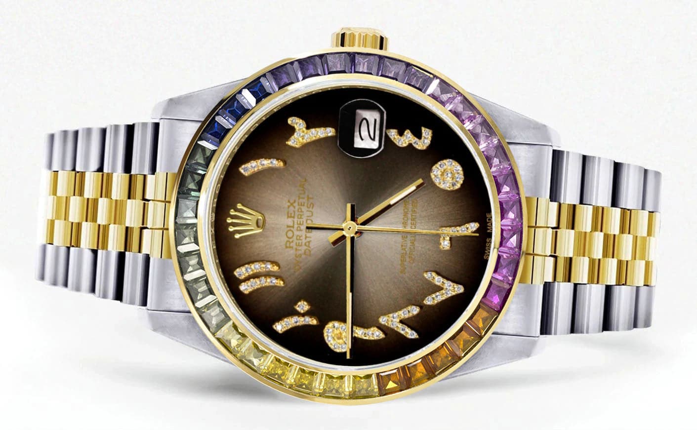 Diamond Gold Rolex Watch For Men 16233 | 36Mm | Rainbow Sapphire Bezel | Diamond Brown Arabic Numeral Dial | Jubilee Band - Image 2