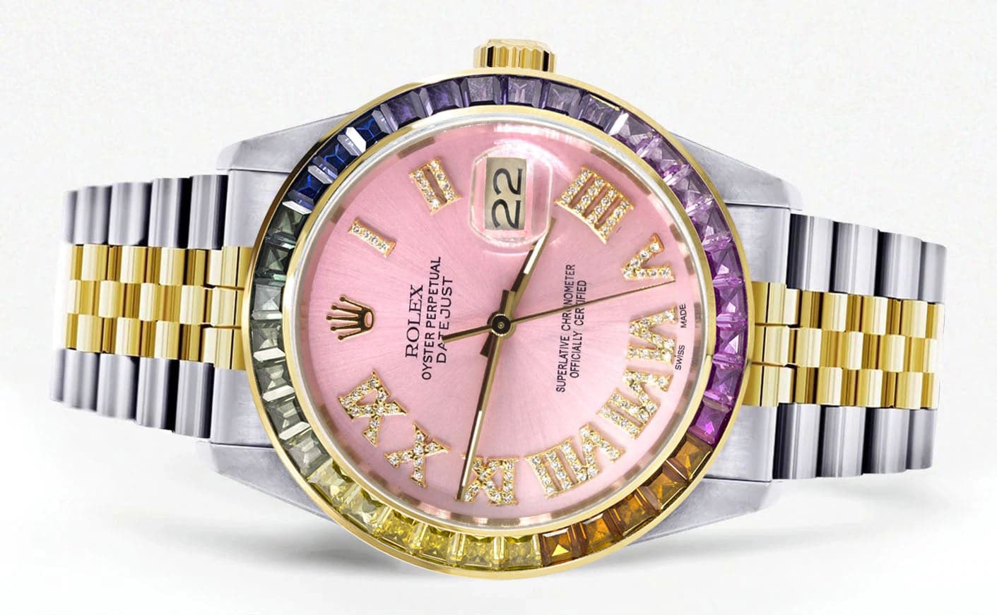 Diamond Gold Rolex Watch For Men 16233 | 36Mm | Rainbow Sapphire Bezel | Diamond Pink Roman Numeral Dial | Jubilee Band - Image 2