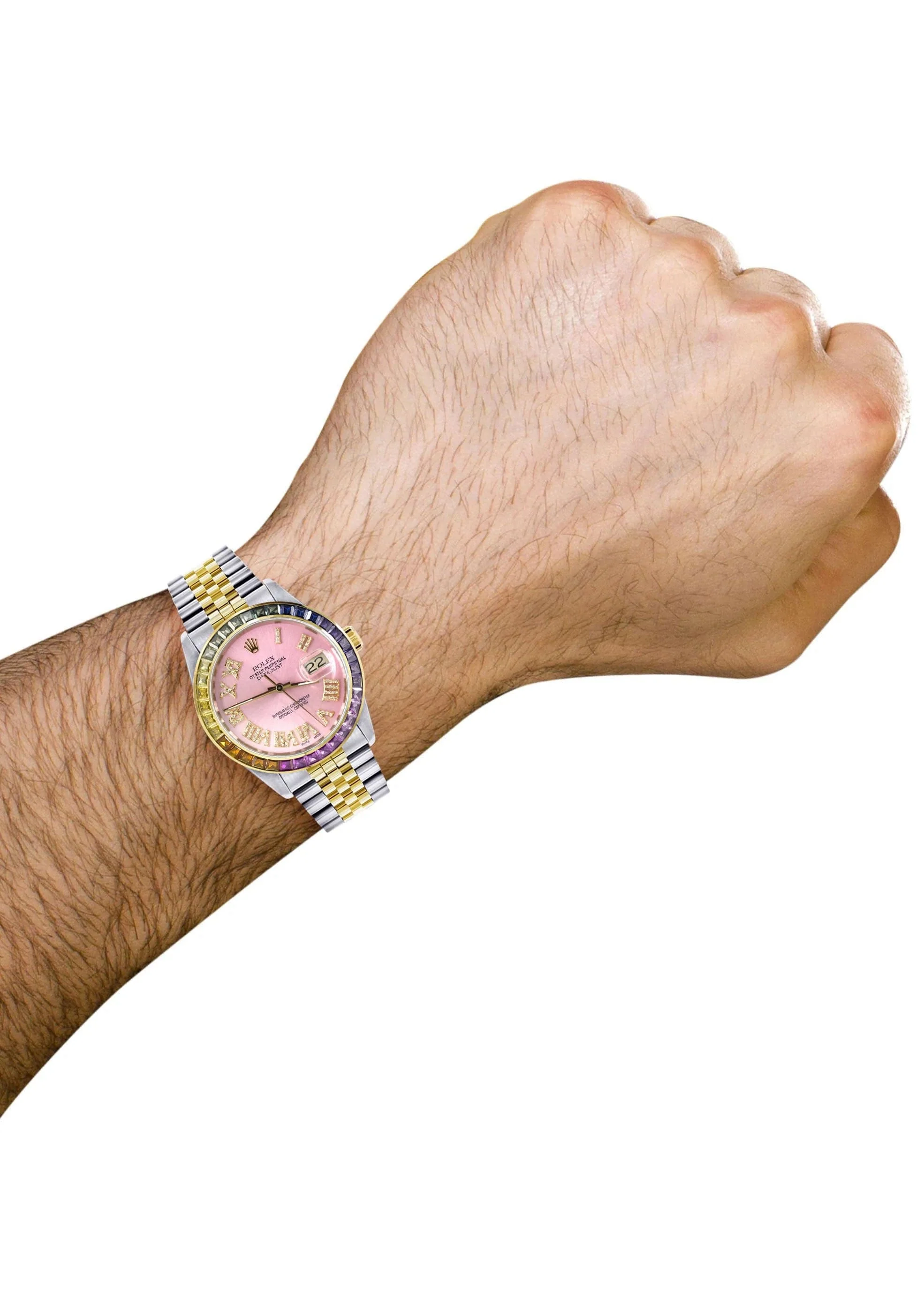Diamond Gold Rolex Watch For Men 16233 | 36Mm | Rainbow Sapphire Bezel | Diamond Pink Roman Numeral Dial | Jubilee Band - Image 3