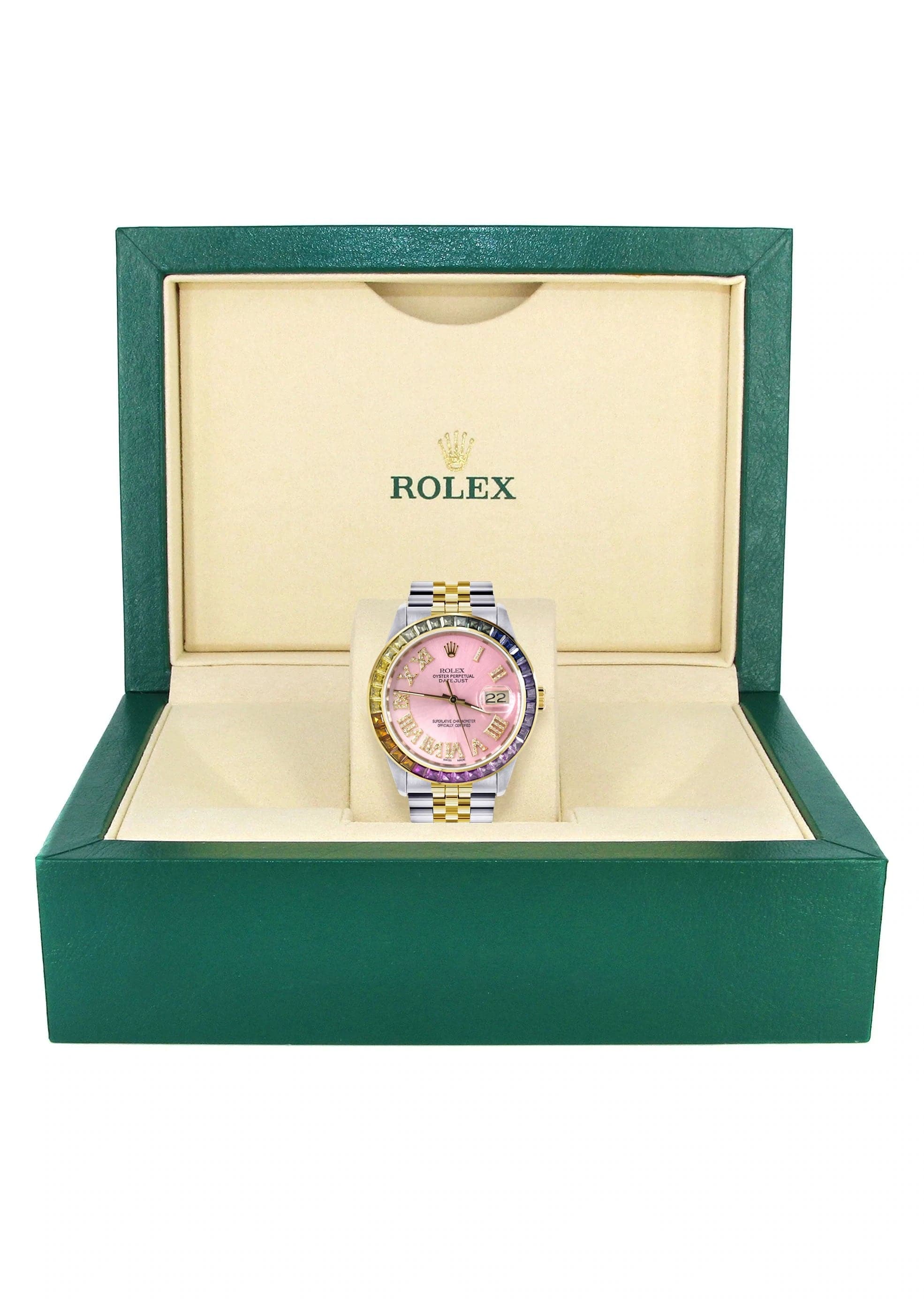 Diamond Gold Rolex Watch For Men 16233 | 36Mm | Rainbow Sapphire Bezel | Diamond Pink Roman Numeral Dial | Jubilee Band - Image 4