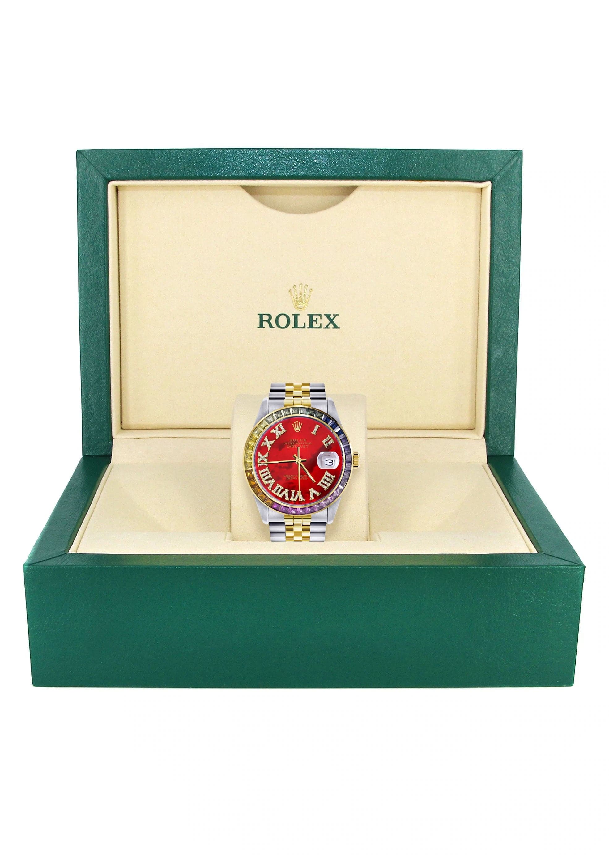 Diamond Gold Rolex Watch For Men 16233 | 36Mm | Rainbow Sapphire Bezel | Diamond Red Mother Of Pearl Roman Numeral Dial | Jubilee Band - Image 4